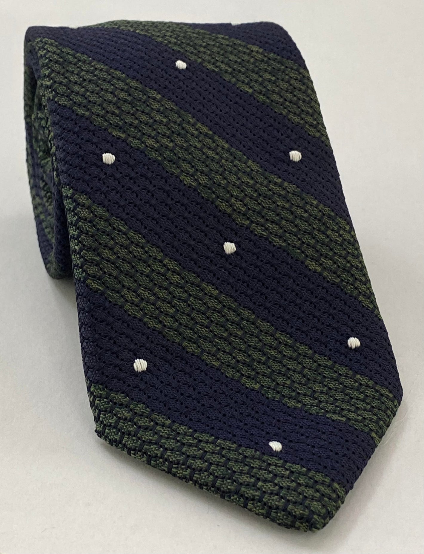 ミッドナイトブルーのグレナディン・グロッサ（白・手縫いピンドット）シルクネクタイ GGDT-8 (1)