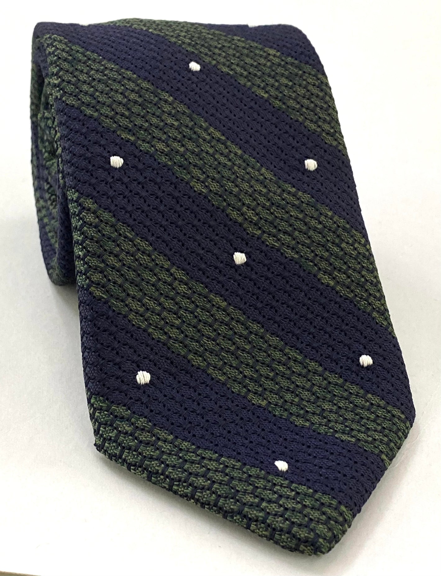 ダークオリーブグリーン＆ミッドナイトブルー、白入りグレナディン・グロッサ 幅広ストライプ ピンドット シルクタイ（手縫い） GGBSDT-8 (1)