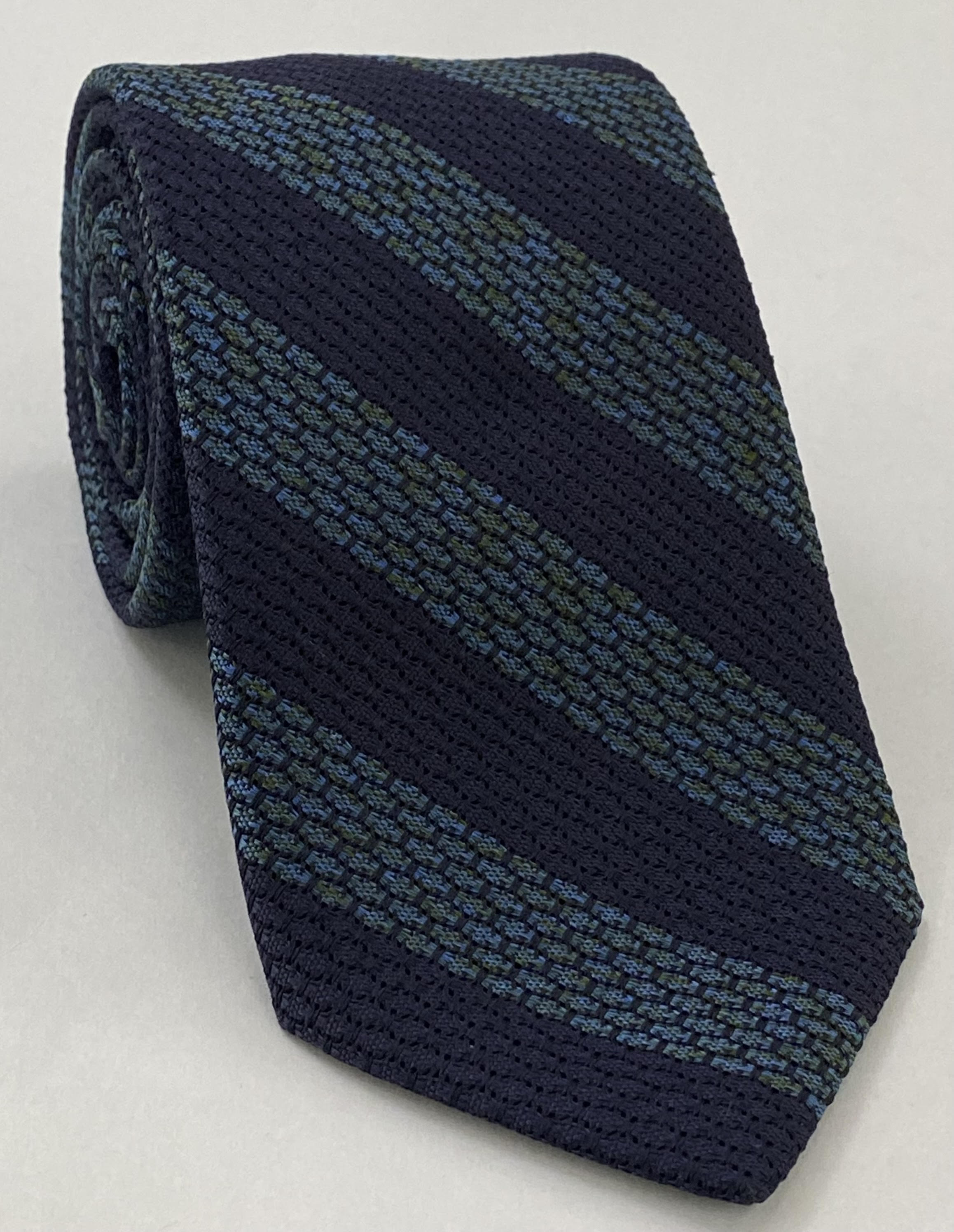 스카이 블루/올리브 그린 & 미드나잇 블루 그레나딘 그로사 와이드 스트라이프 실크 타이 GGBST-3