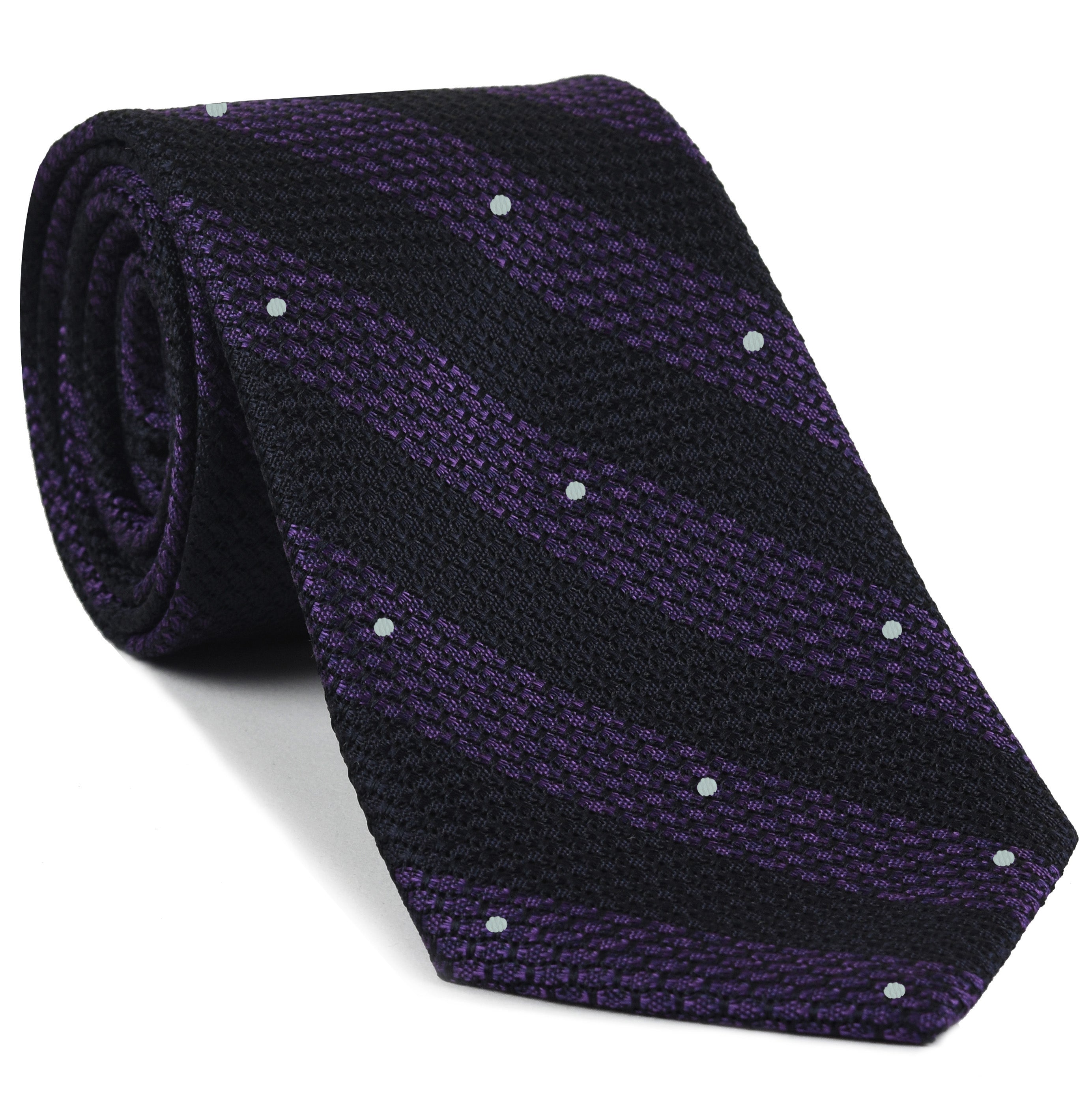 {[en]:Purple & Midnight Blue Grenadine Grossa Wide Stripe with White (Hand Sewn) Pin Dots Silk Ties
