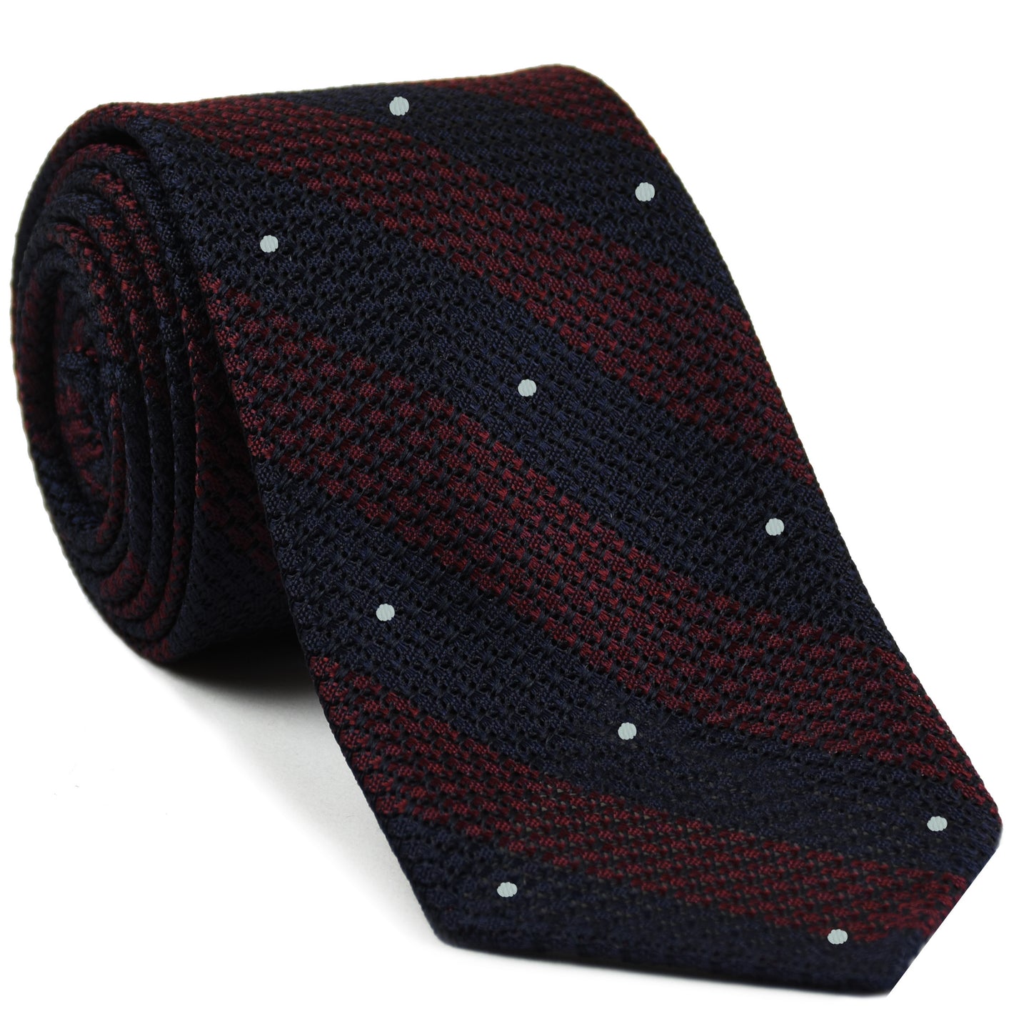 {[en]:Dark Red & Midnight Blue Grenadine Grossa Wide Stripe with White (Hand Sewn) Pin Dot Silk Ties