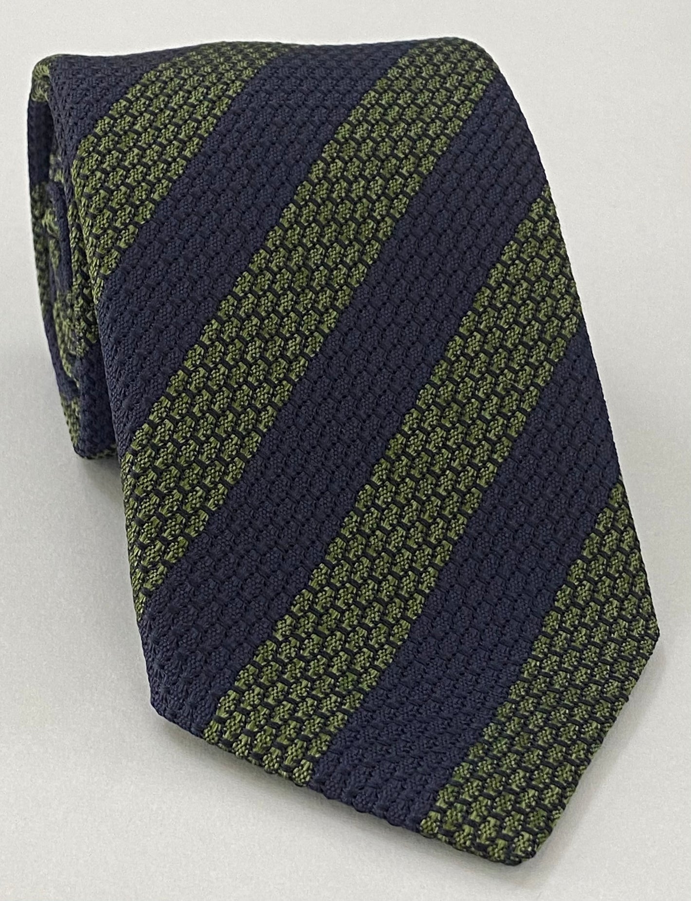 Olive Green & Midnight Blue Grenadine Grossa Wide Stripe Silk Tie GGBST-7