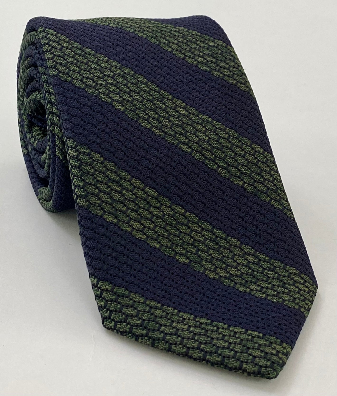 ダークオリーブグリーン＆ミッドナイトブルー グレナディン・グロッサ ワイドストライプ シルクタイ GGBST-8