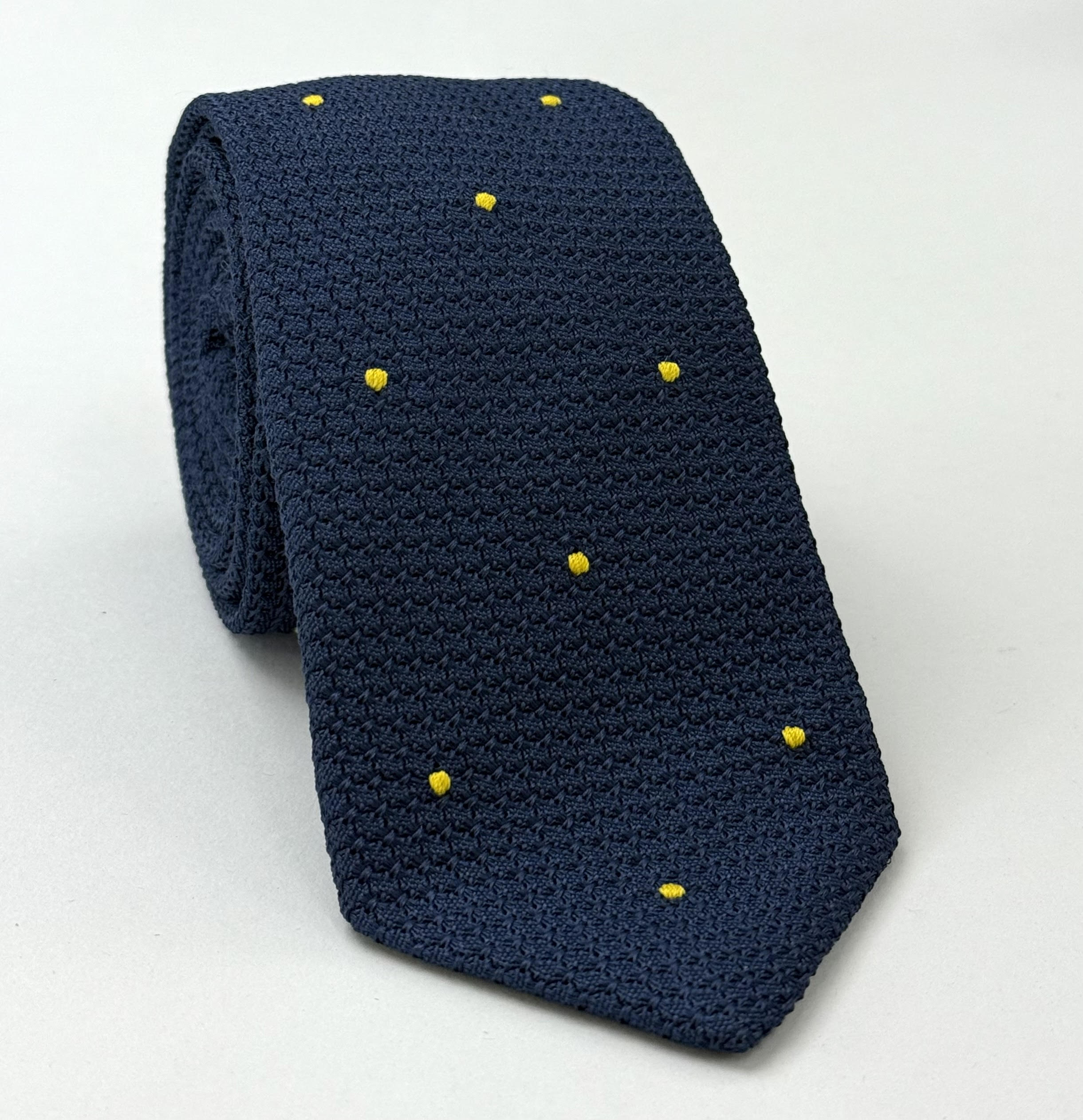 Soft Navy Blue Grenadine Grossa with Yellow (Hand Sewn) Pin Dots Silk Tie GGDT-11 (25)