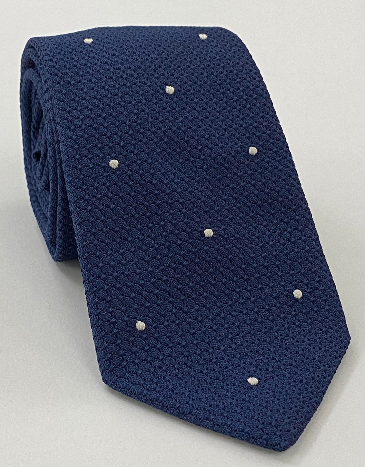 Soft Navy Blue Grenadine Grossa with Silver (Hand Sewn) Pin Dots Silk Tie #GGDT-11 (2)