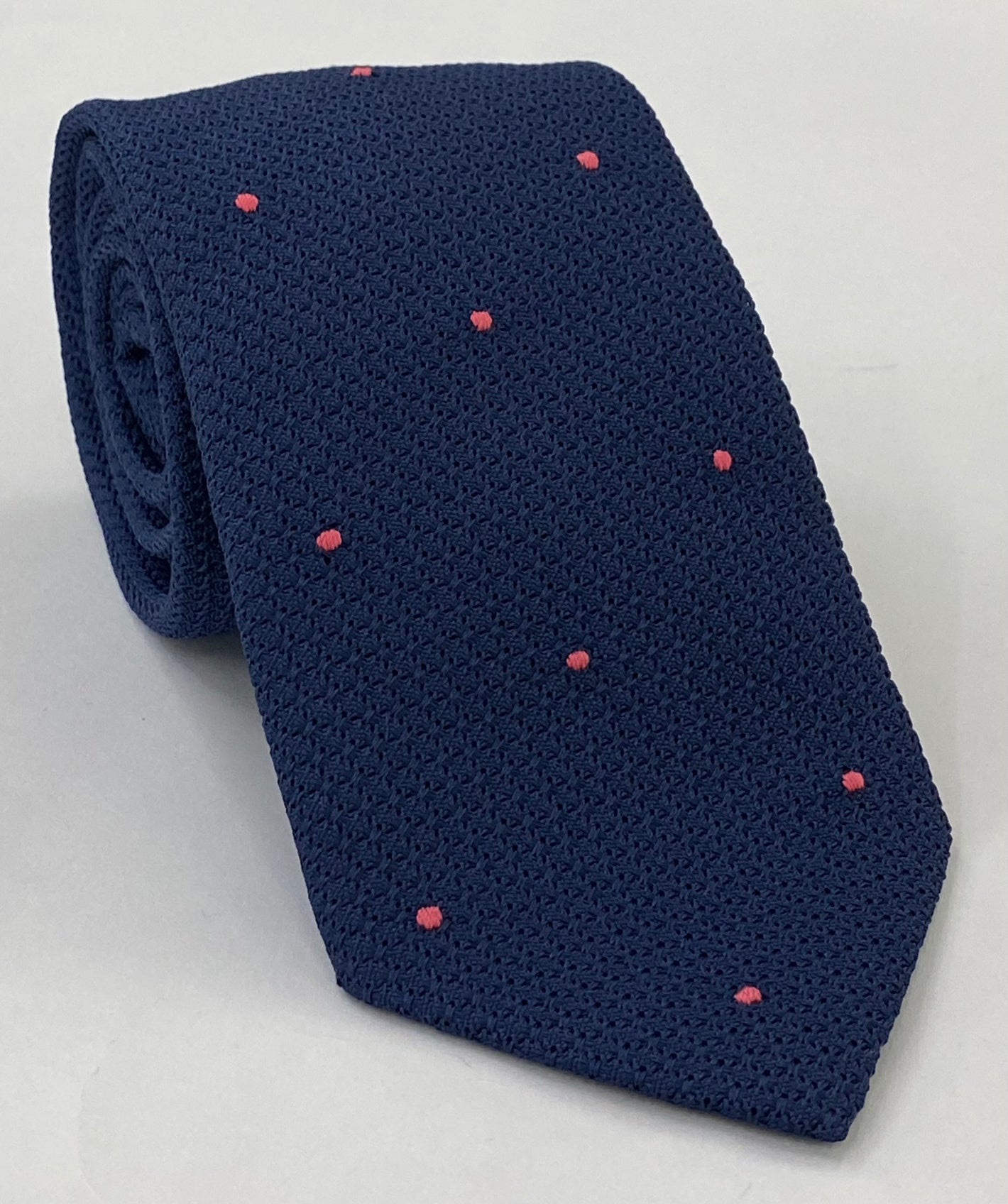 Soft Navy Blue Grenadine Grossa with Dark Pink (Hand Sewn) Pin Dots Silk Tie #GGDT-11(12)