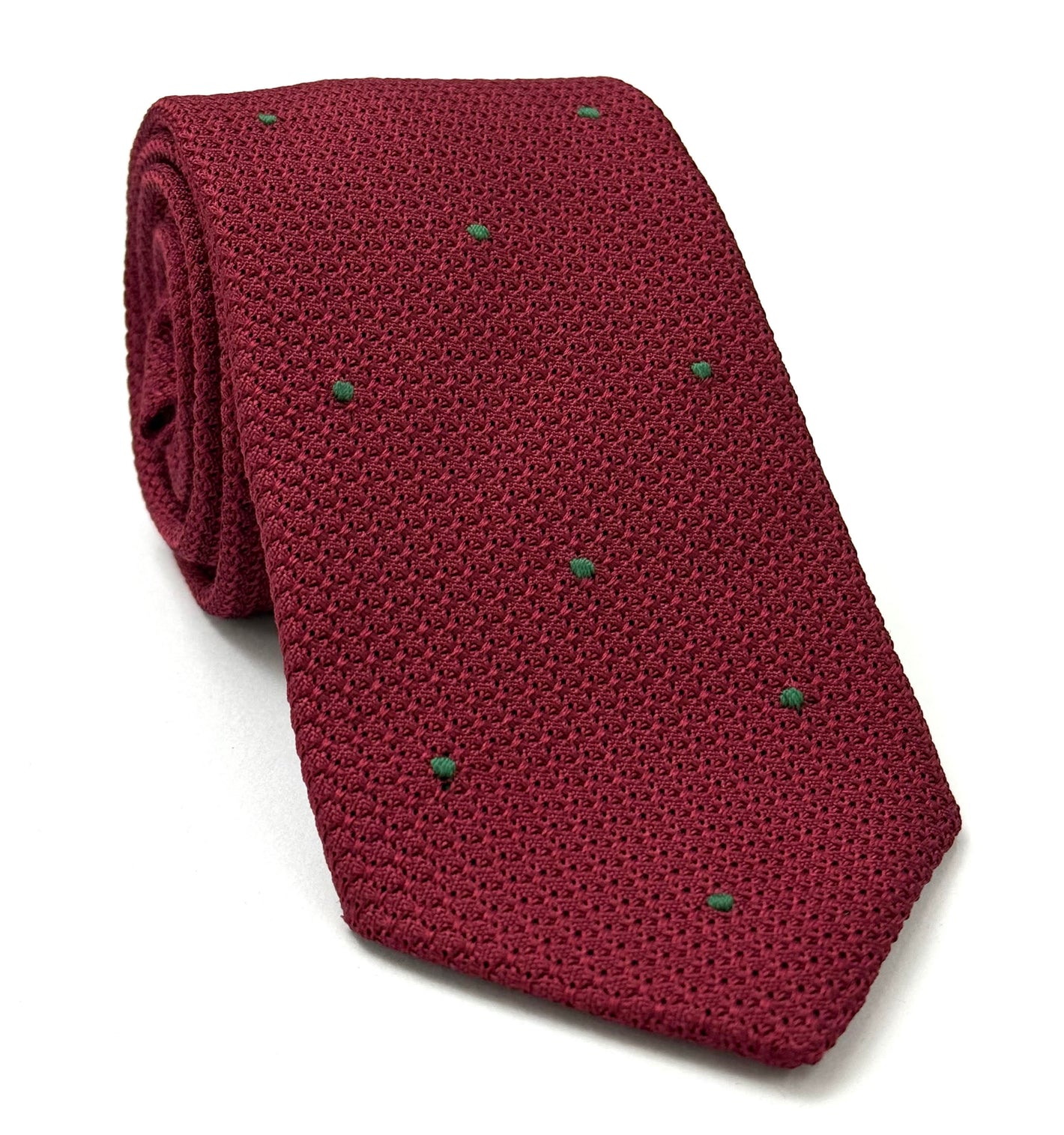 ダークレッド グレナディン・グロッサとフォレストグリーン（手縫い）ピンドット シルクタイ #GGDT-2 (22)