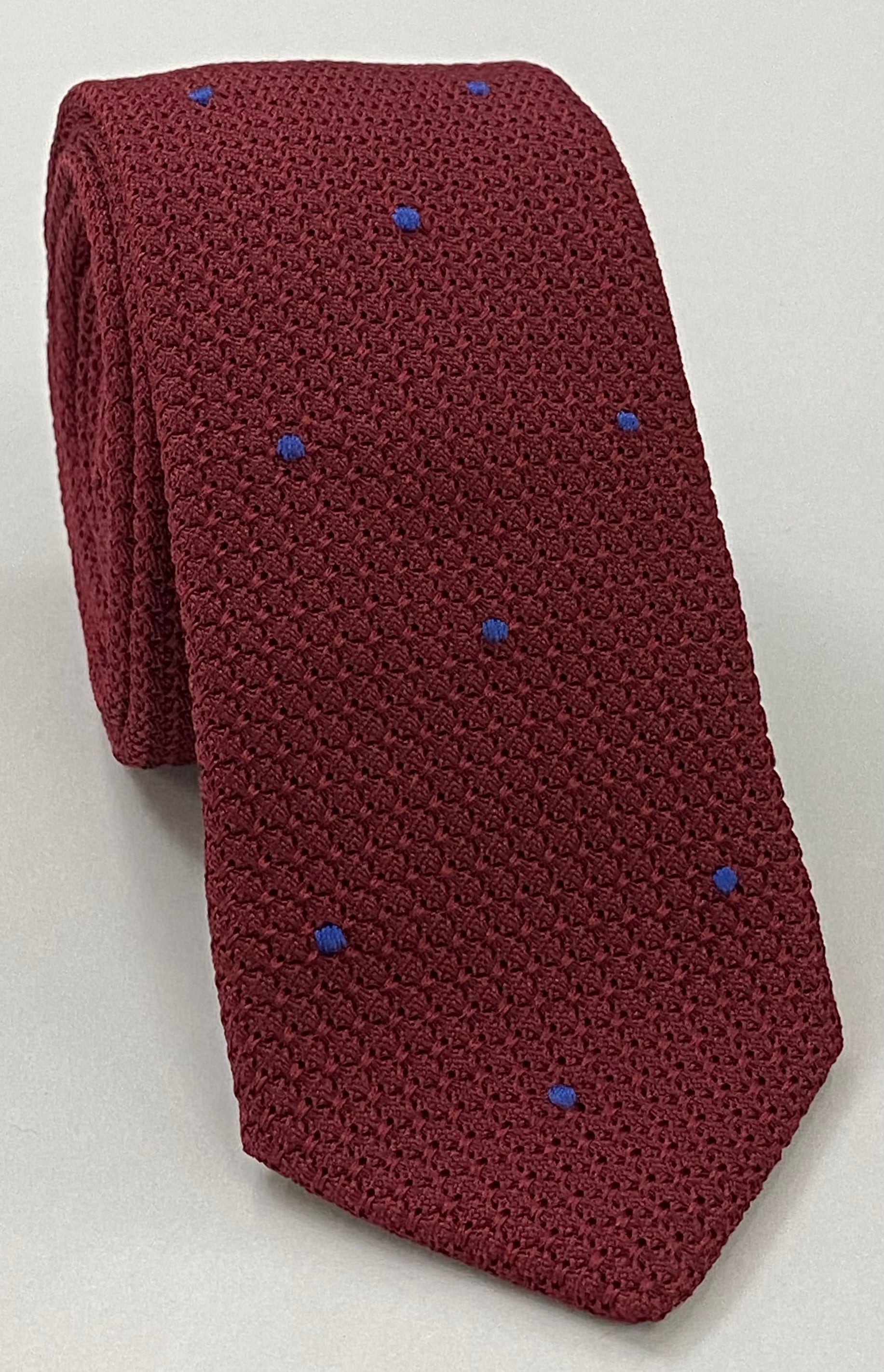 Dark Red  Grenadine Grossa with Blue (Hand Sewn) Pin Dots Silk Tie GGDT-2 (4)