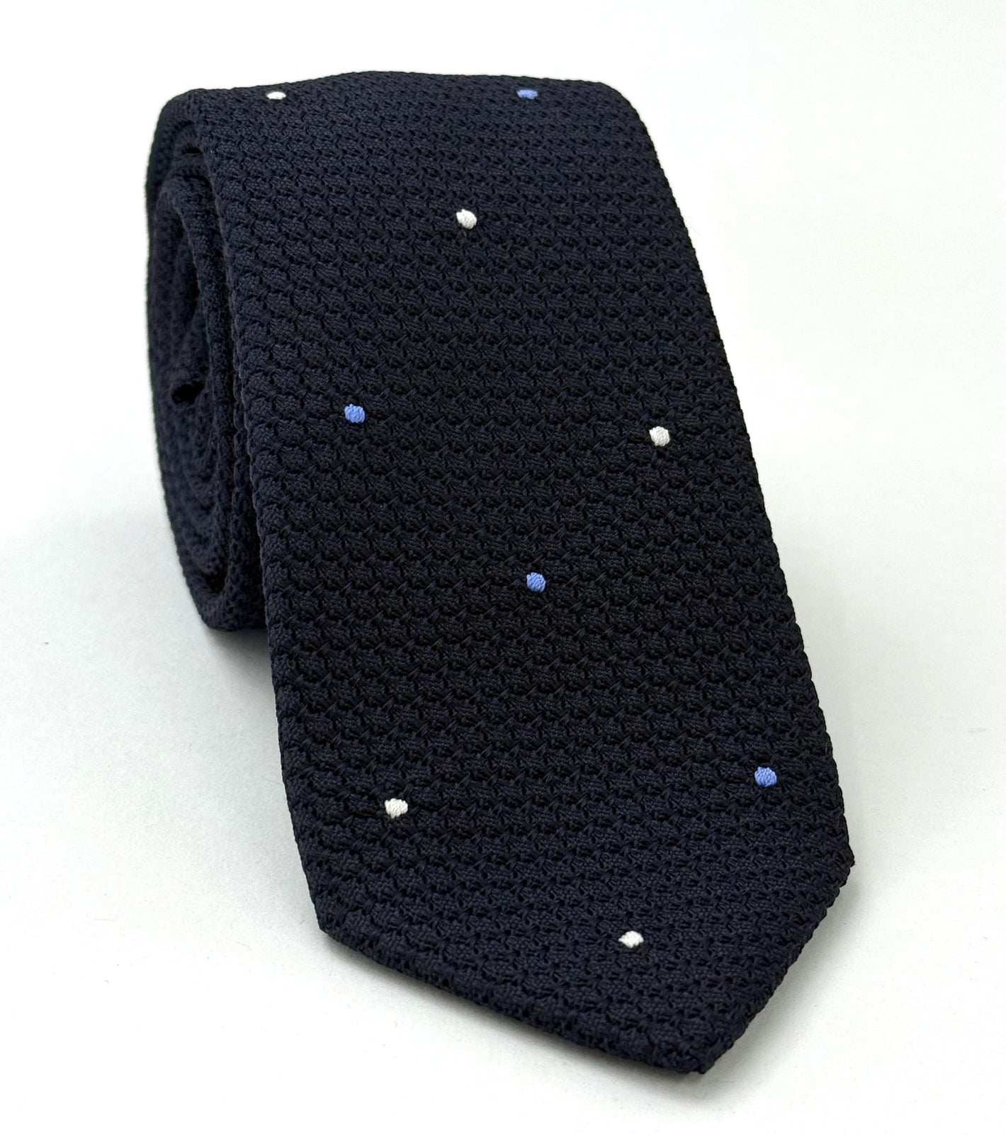 Midnight Blue Grenadine Grossa with White & Sky Blue  - Hand Sewn Pin Dots Silk Tie GGDT-8 (1,3)