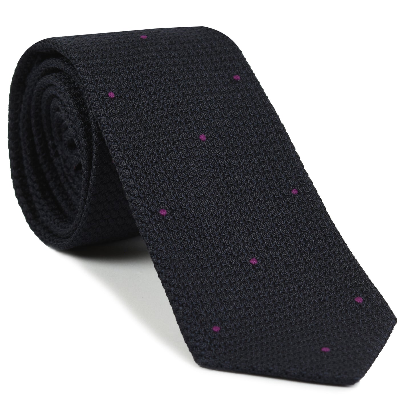 {[en]:Midnight Blue Grenadine Grossa with Reddish Purple (Hand Sewn) Pin Dots Silk Tie