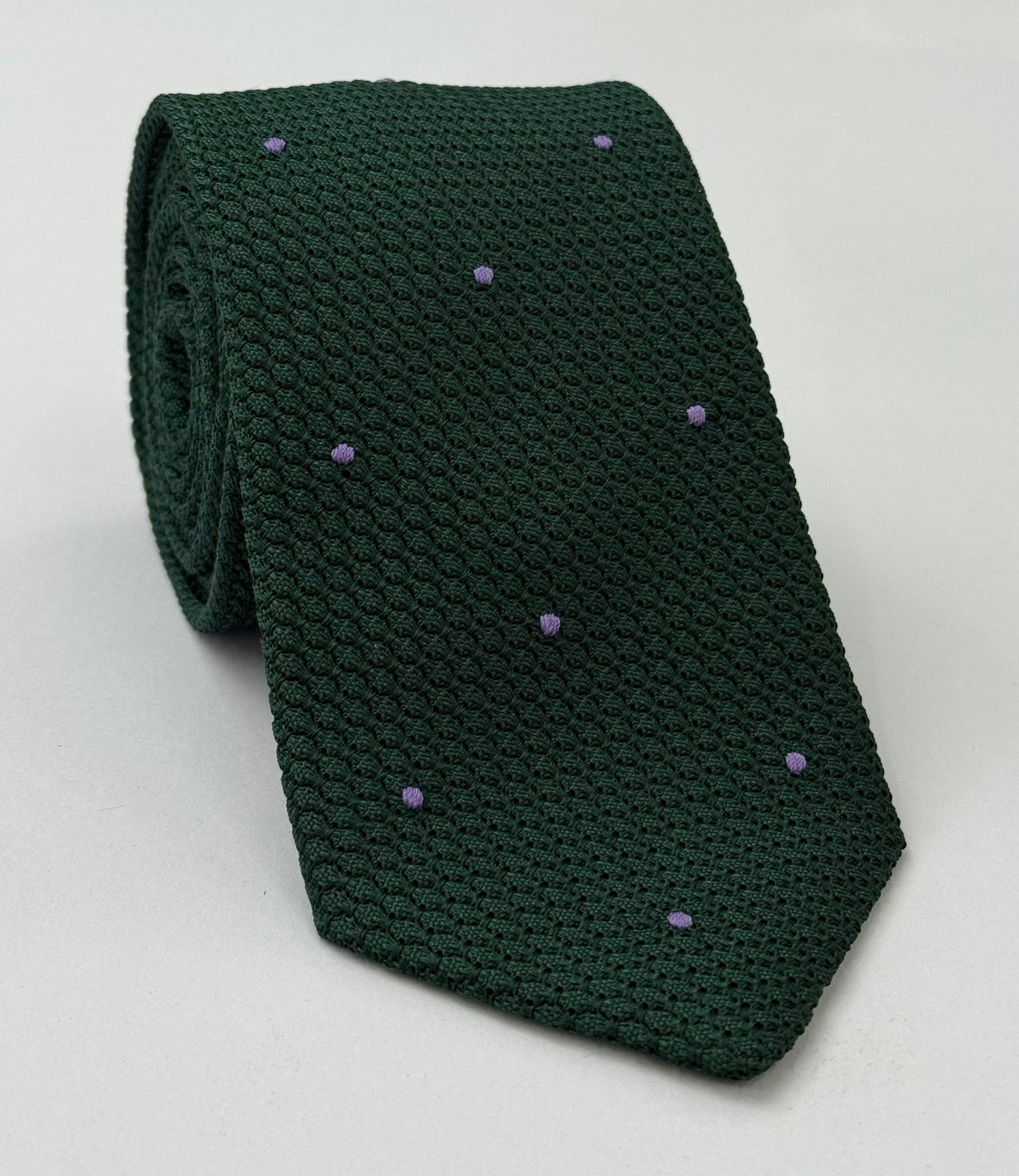 ラベンダー入りフォレストグリーングレナディン・グロッサ（手縫い）ピンドットシルクタイ #GGDT-16 (14)