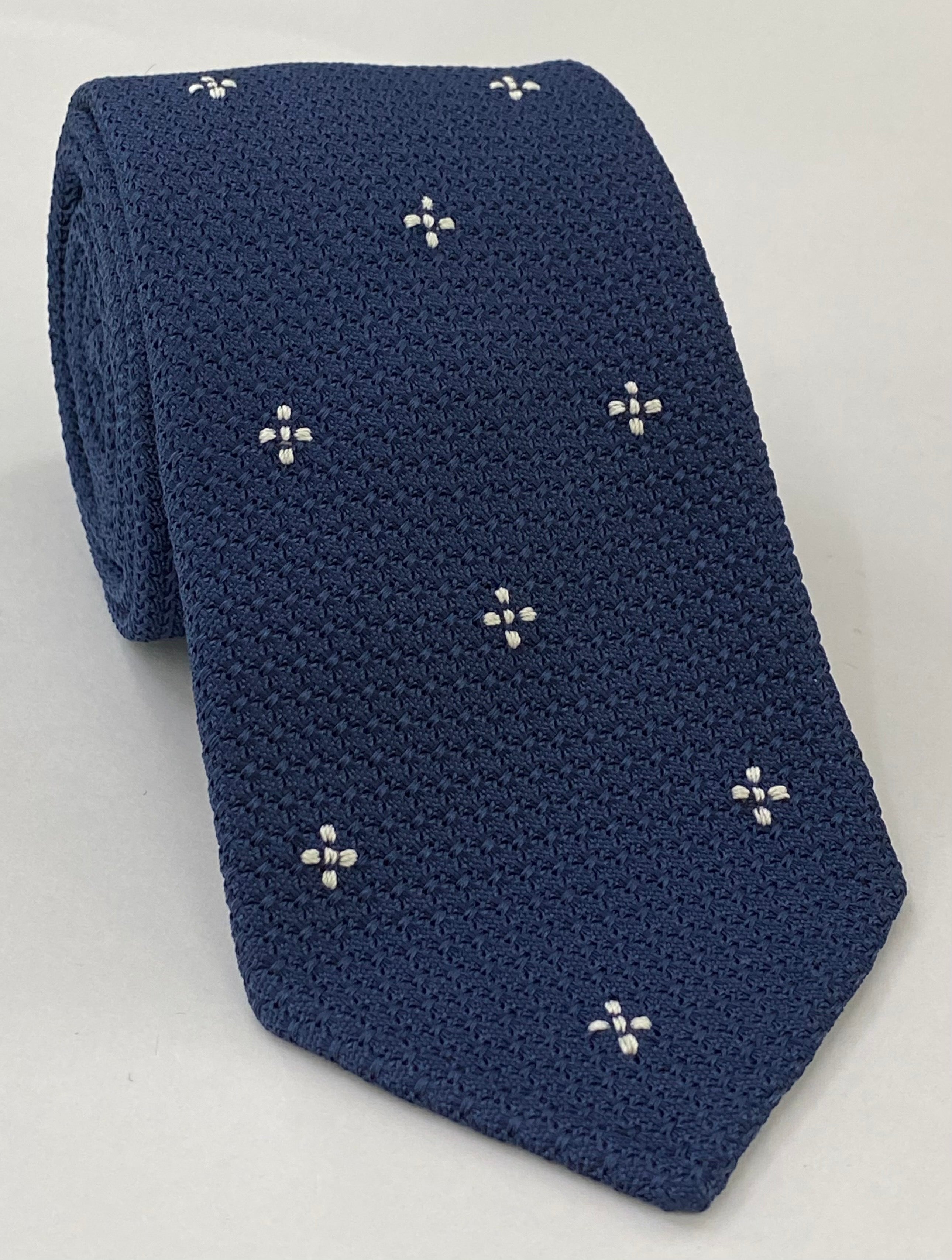 Soft Navy Blue Grenadine Fine White Flower Design Tie