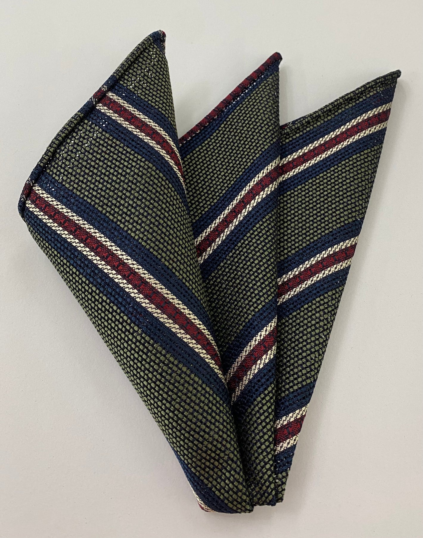Midnight Blue, Red & Off-White on Olive Green Grenadine Fina and Grossa Stripe Silk Pocket Square 4