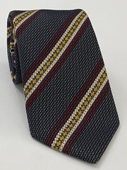 Dark Red, Yellow & Off-White on Charcoal Gray Grenadine Fina and Grossa Stripe Silk Tie 1