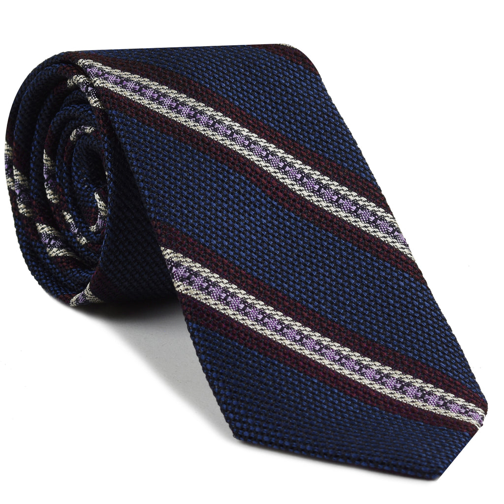 {[en]:Burgundy, Lavender & Off-White on Navy Blue Grenadine Fina and Grossa Stripe Silk Tie
