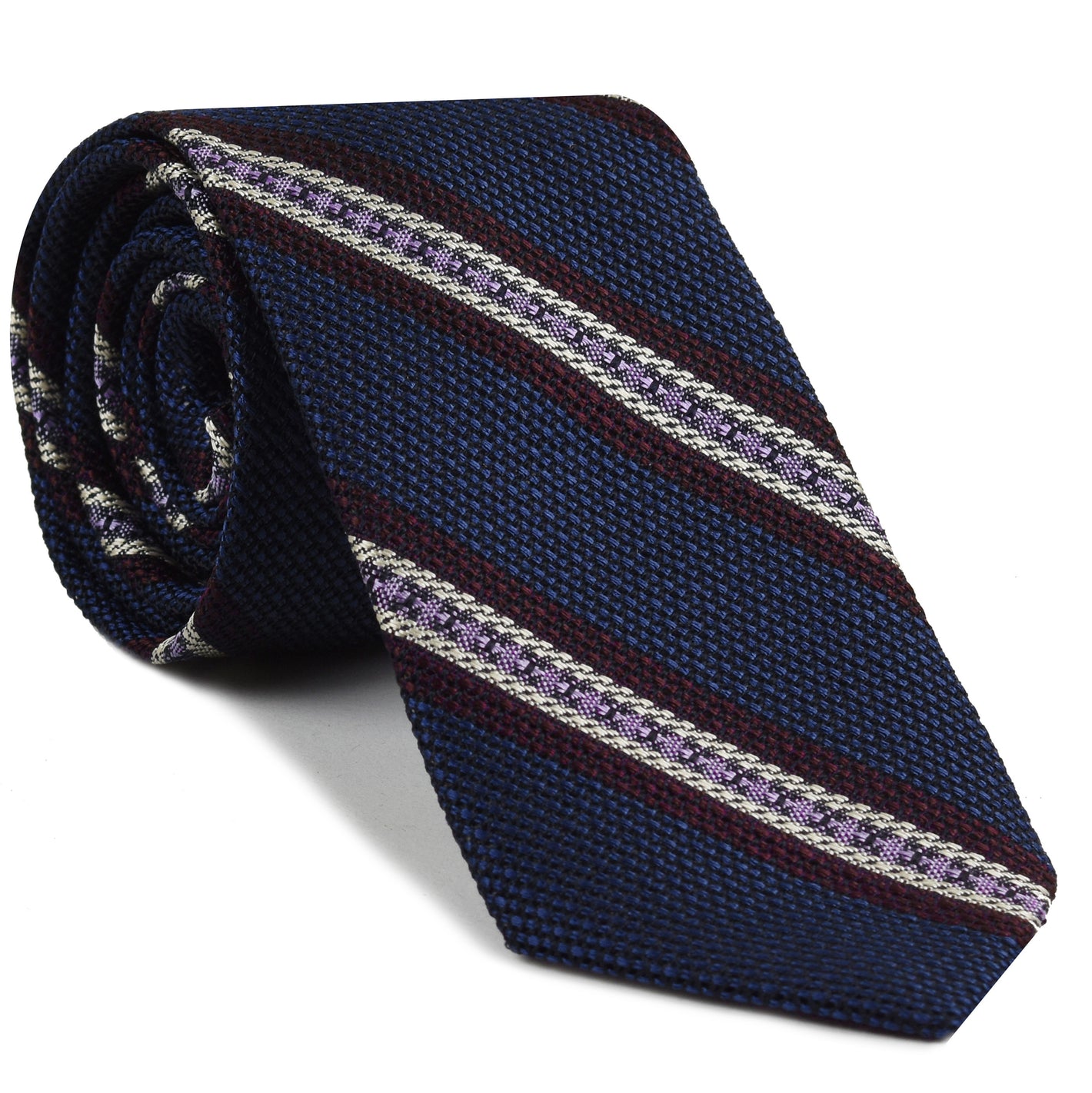 {[en]:Burgundy, Lavender & Off-White on Navy Blue Grenadine Fina and Grossa Stripe Silk Tie