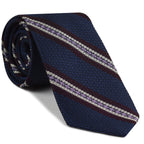 {[en]:Burgundy, Lavender & Off-White on Navy Blue Grenadine Fina and Grossa Stripe Silk Tie