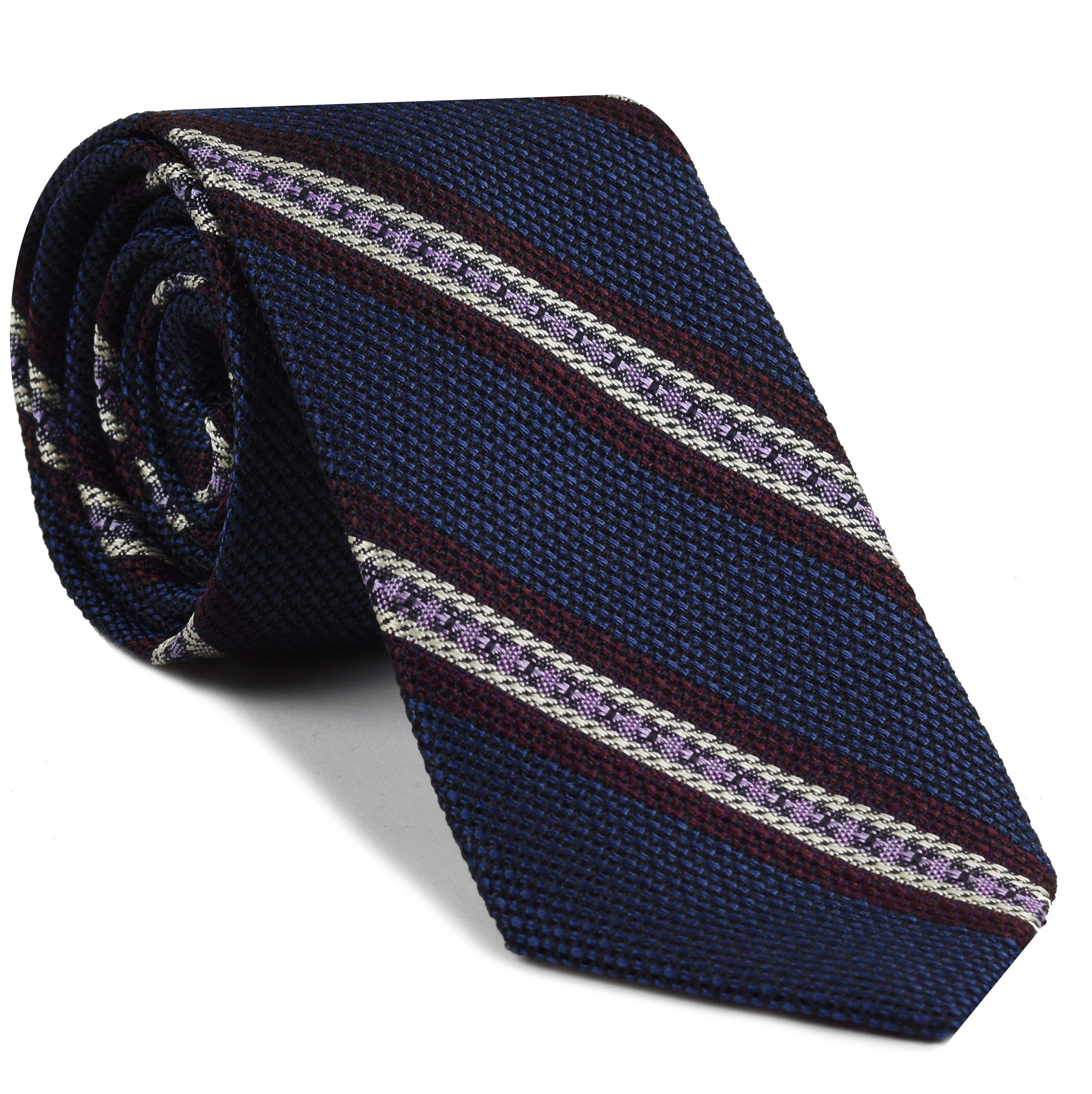 {[en]:Burgundy, Lavender & Off-White on Navy Blue Grenadine Fina and Grossa Stripe Silk Tie