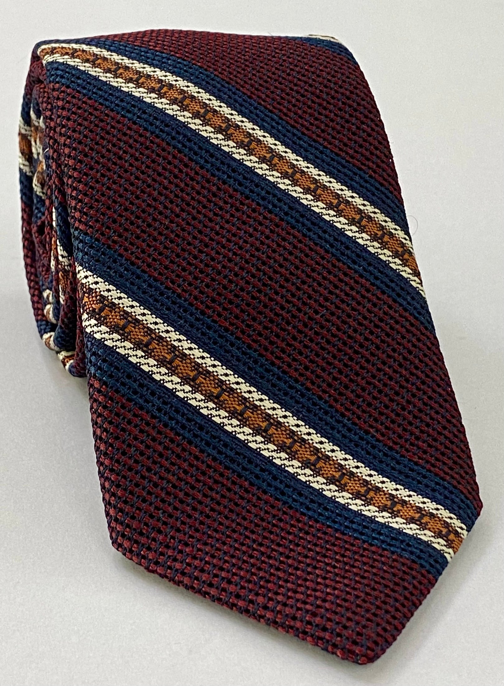 Dark Turquoise, Burnt Orange & Off-White on Dark Red Grenadine Fina and Grossa Stripe Silk Tie 5