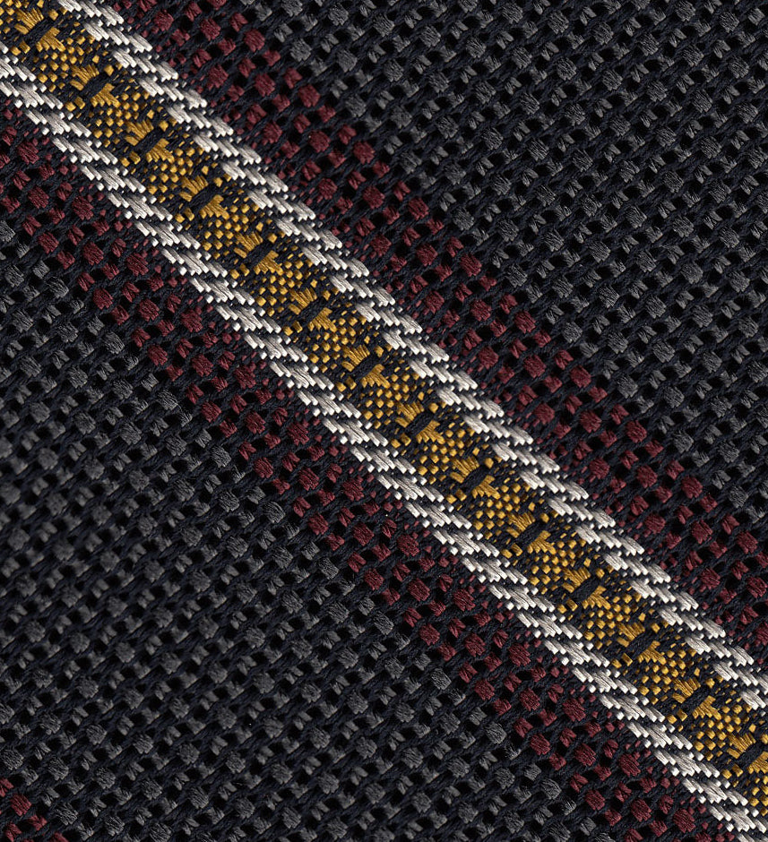 {[en]:Dark Red, Yellow & Off-White on Charcoal Gray Grenadine Fina and Grossa Stripe Silk Pocket Square