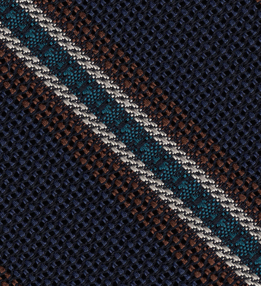 {[en]:Chocolate, Turquoise & Off-White on Dark Navy Blue Grenadine Fina and Grossa Stripe Silk Pocket Square