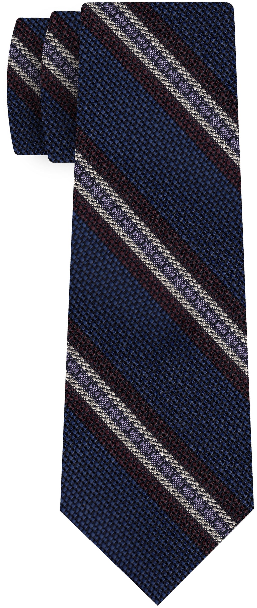 {[en]:Burgundy, Lavender & Off-White on Navy Blue Grenadine Fina and Grossa Stripe Silk Tie