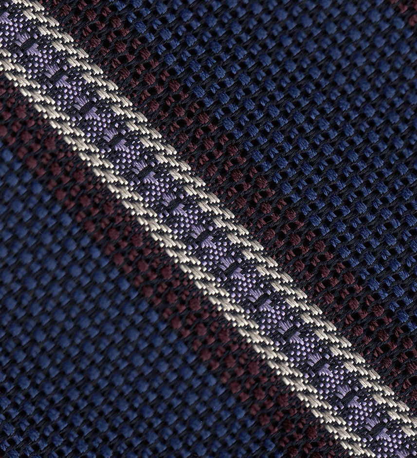 {[en]:Burgundy, Lavender & Off-White on Navy Blue Grenadine Fina and Grossa Stripe Silk Pocket Square