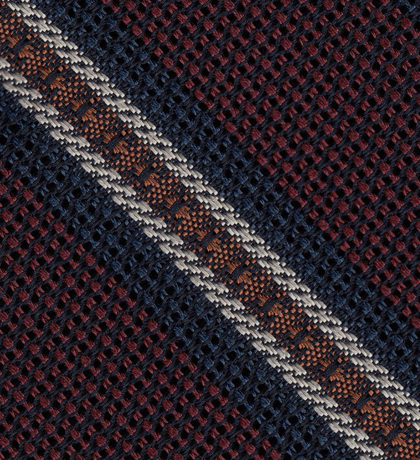 {[en]:Dark Turquoise, Burnt Orange & Off-White on Dark Red Grenadine Fina and Grossa Stripe Silk Pocket Square