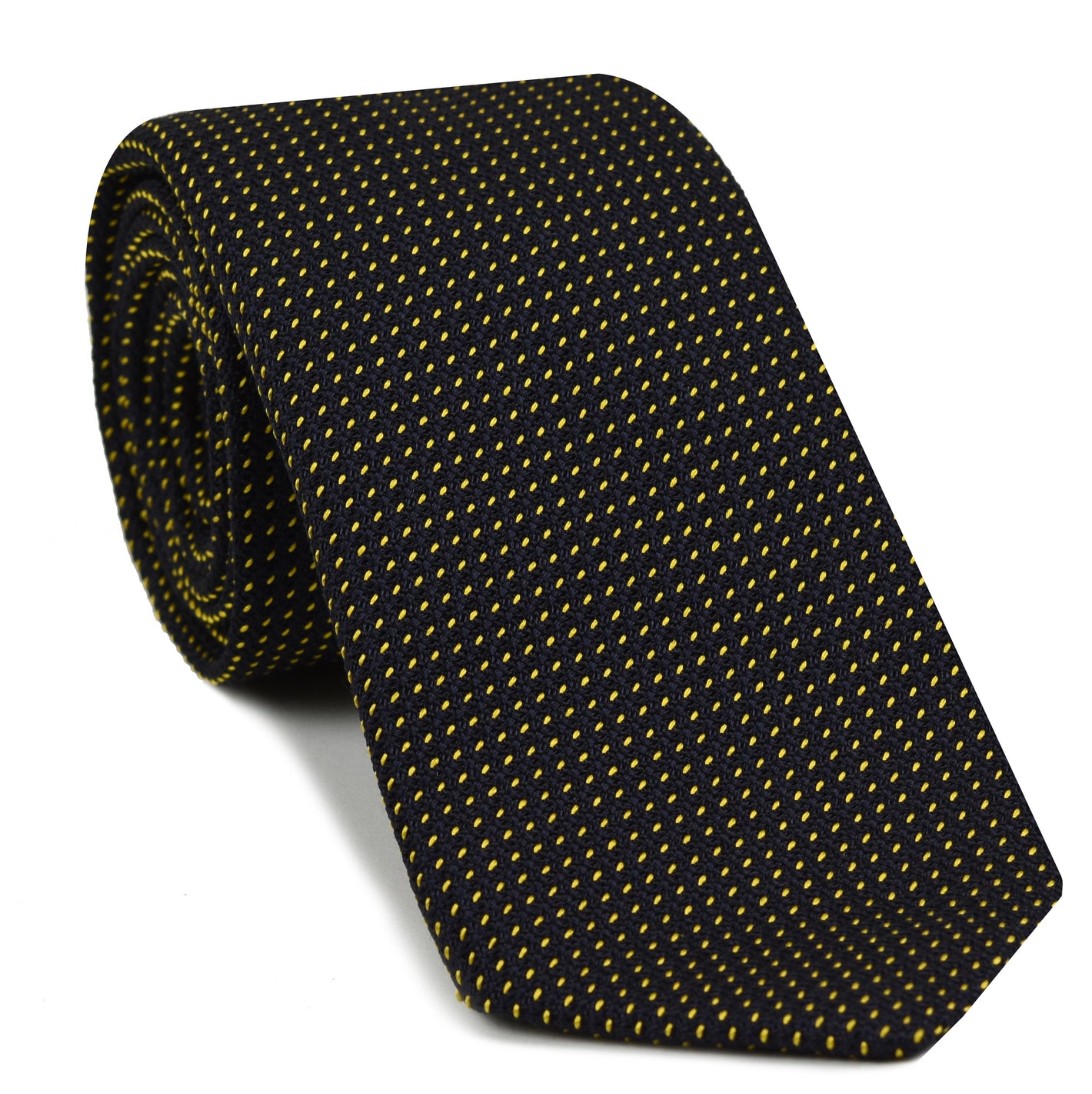 {[en]:Yellow Gold on Midnight Blue Grenadine Pin Dot Silk Tie