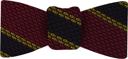{[en]:Midnight Blue & Yellow Gold Stripes On Red Grenadine Bow Tie
