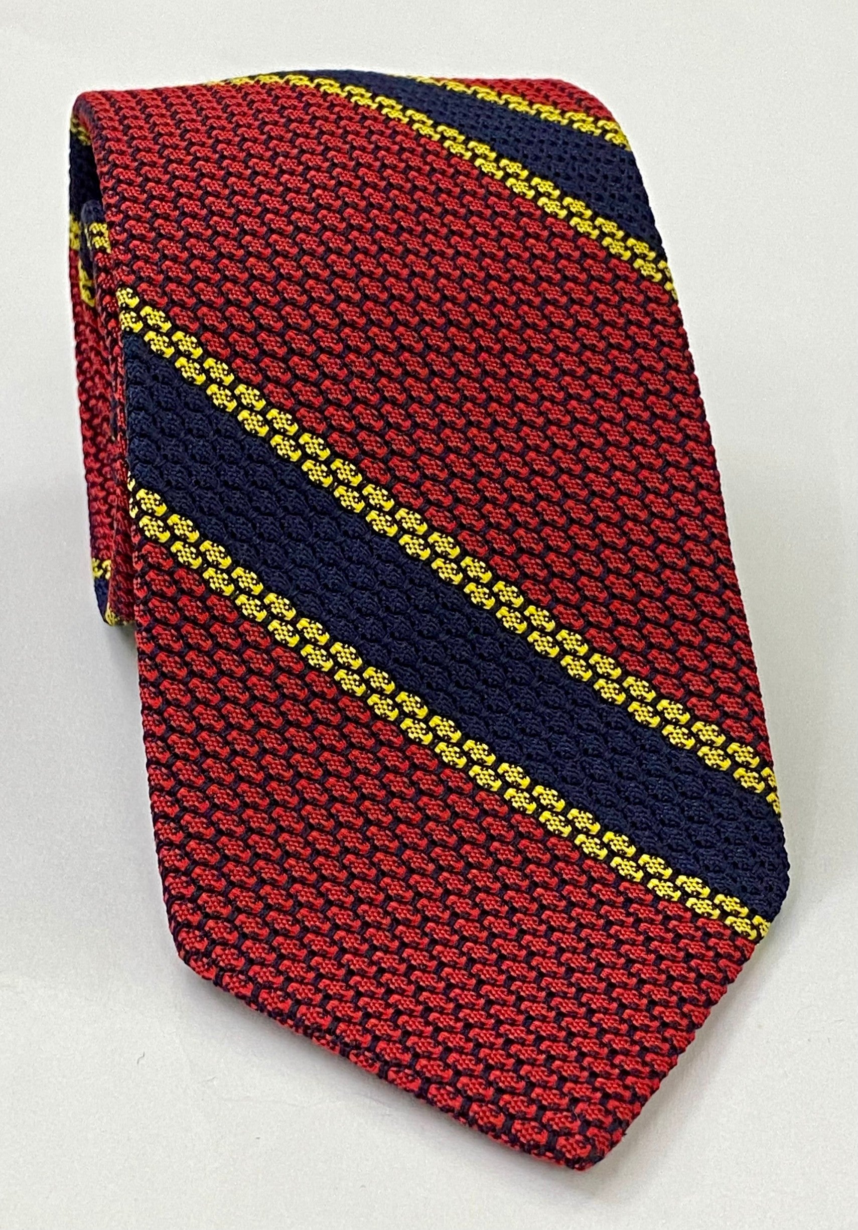 Midnight Blue & Yellow Gold Stripes On Red Grenadine Tie GGST-13
