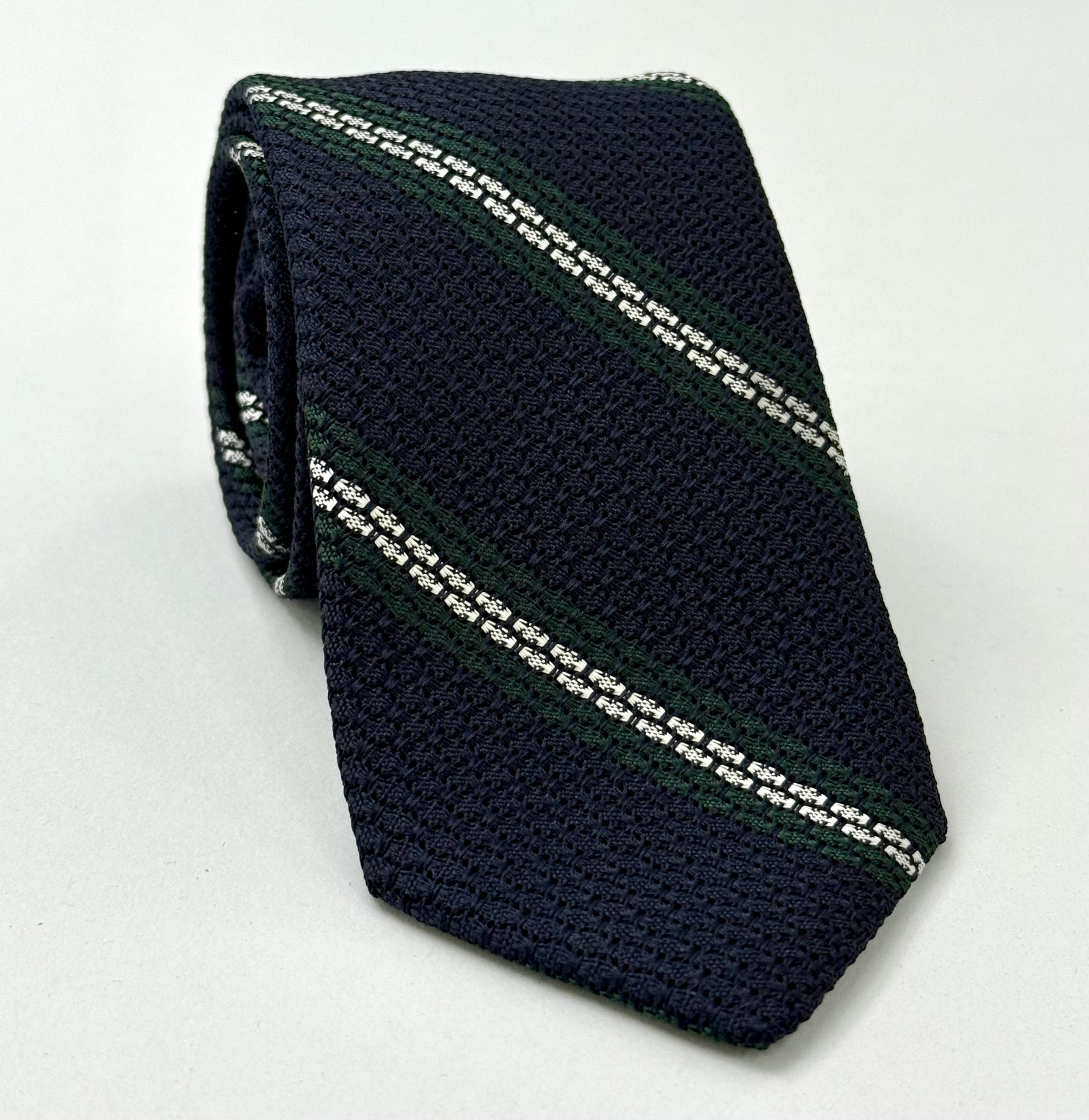 Forest Green & White Stripes On Midnight Blue Grenadine Tie GGST-2