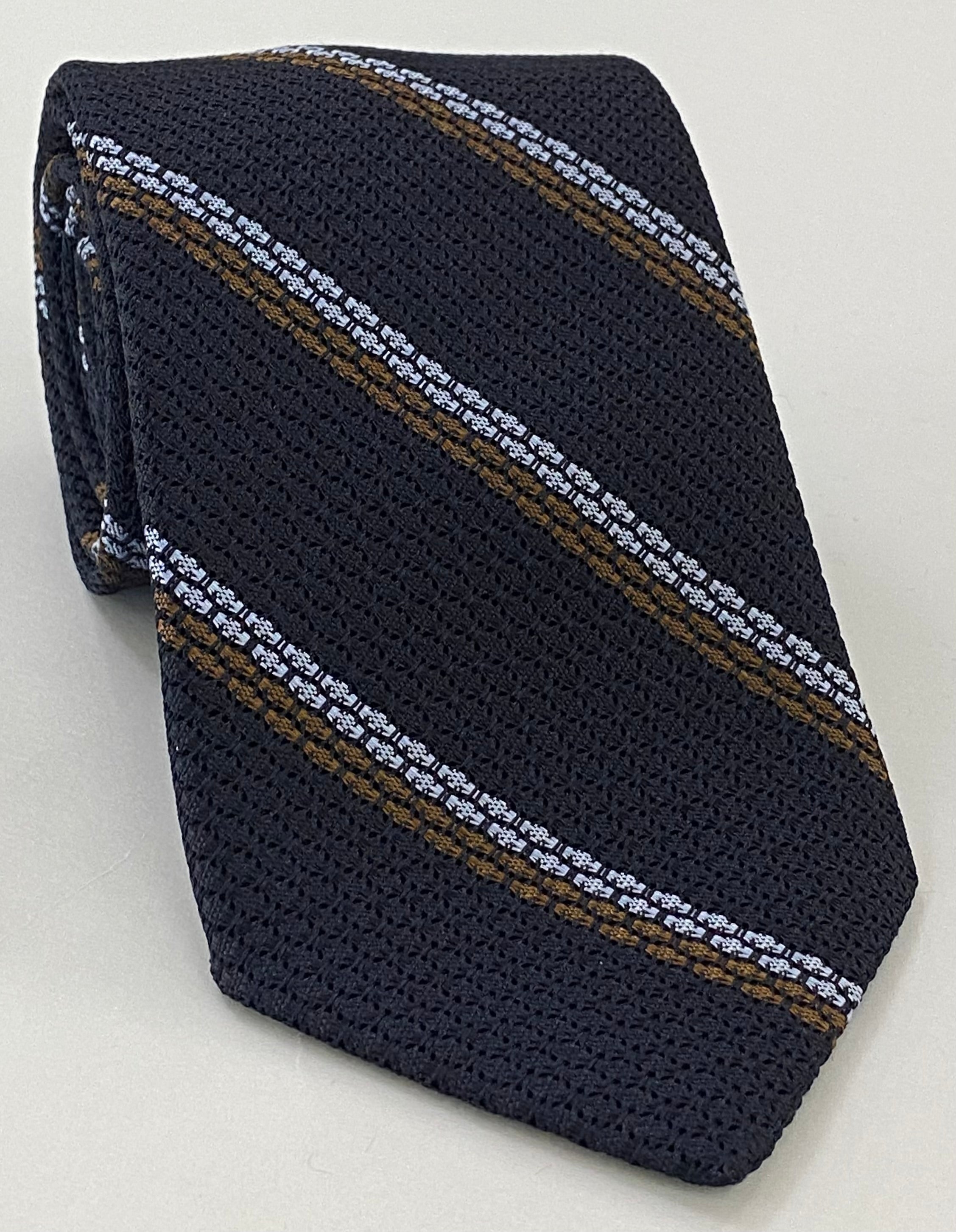 Powder Blue & Brown Stripes On Midnight Blue Grenadine Tie GGST-3
