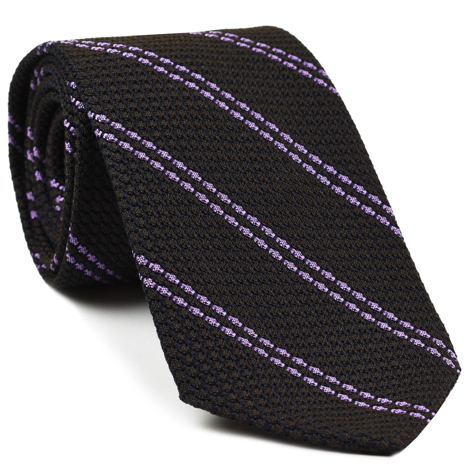 {[en]:Soft Magenta Stripe On Bitter Chocolate Grenadine Grossa Stripe Silk Tie
