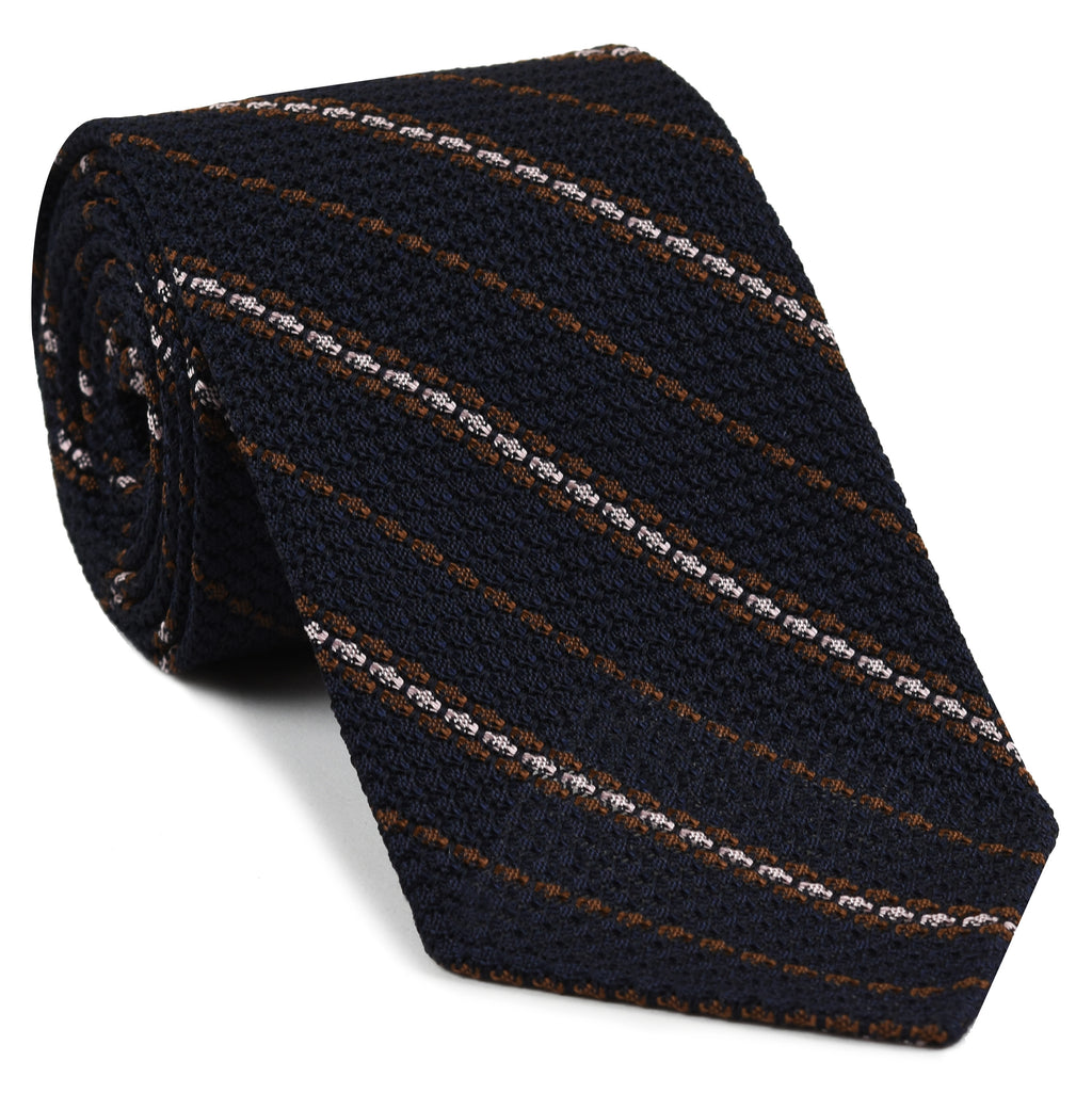 {[en]:Brown And Light Pink On Midnight Blue Grenadine Grossa Stripe Silk Tie