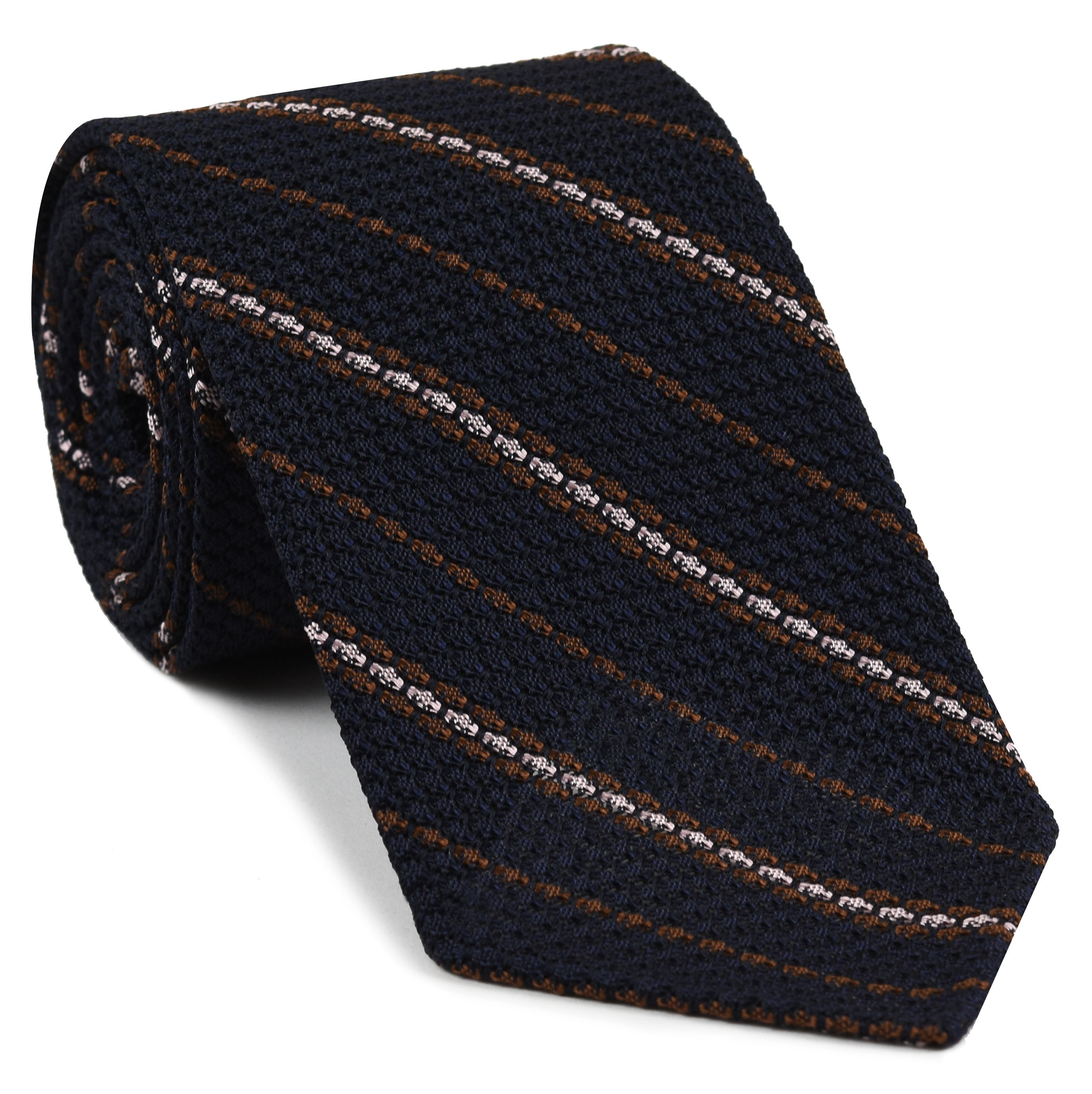 {[en]:Brown And Light Pink On Midnight Blue Grenadine Grossa Stripe Silk Tie