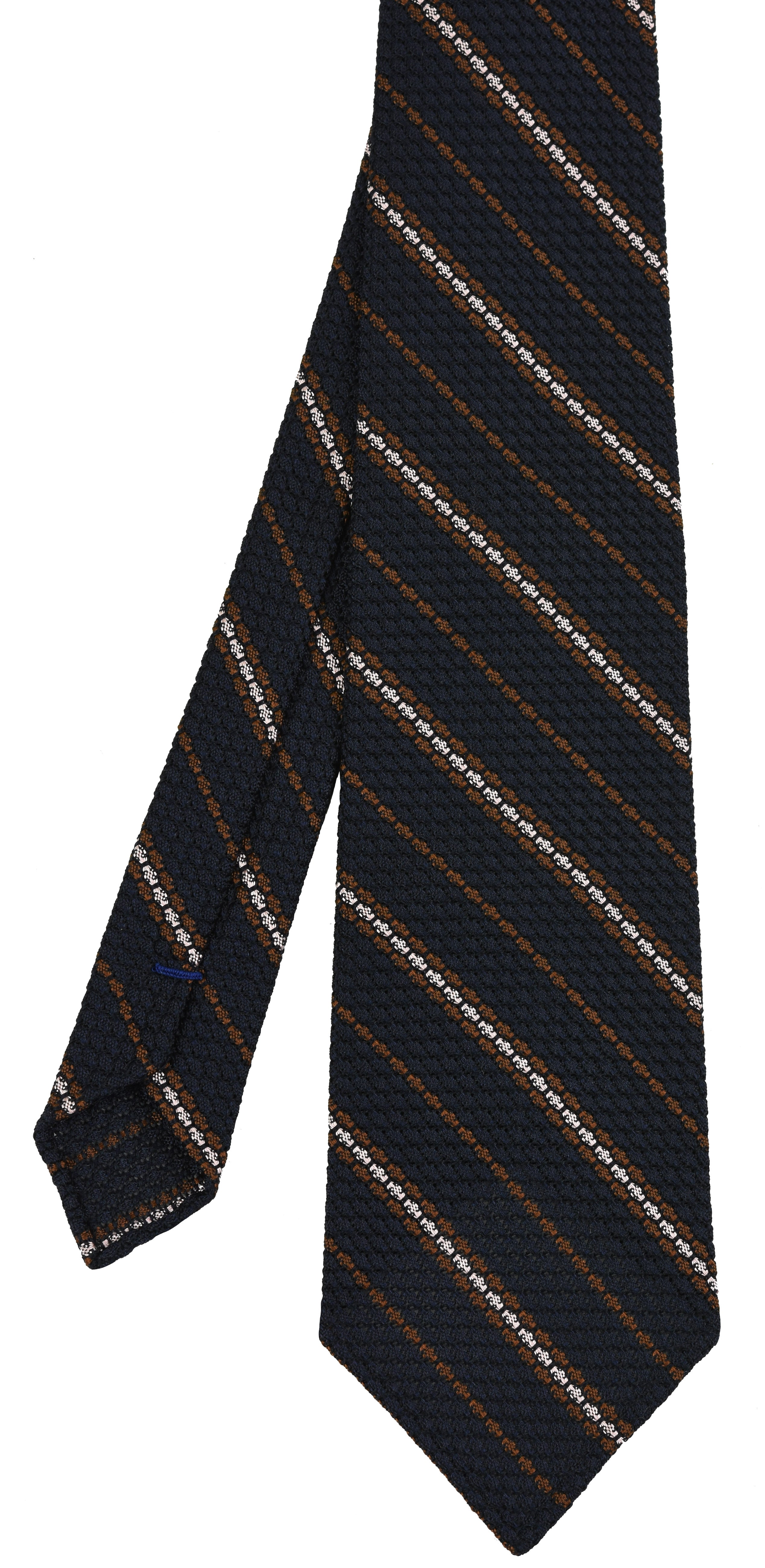 {[en]:Brown And Light Pink On Midnight Blue Grenadine Grossa Stripe Silk Tie
