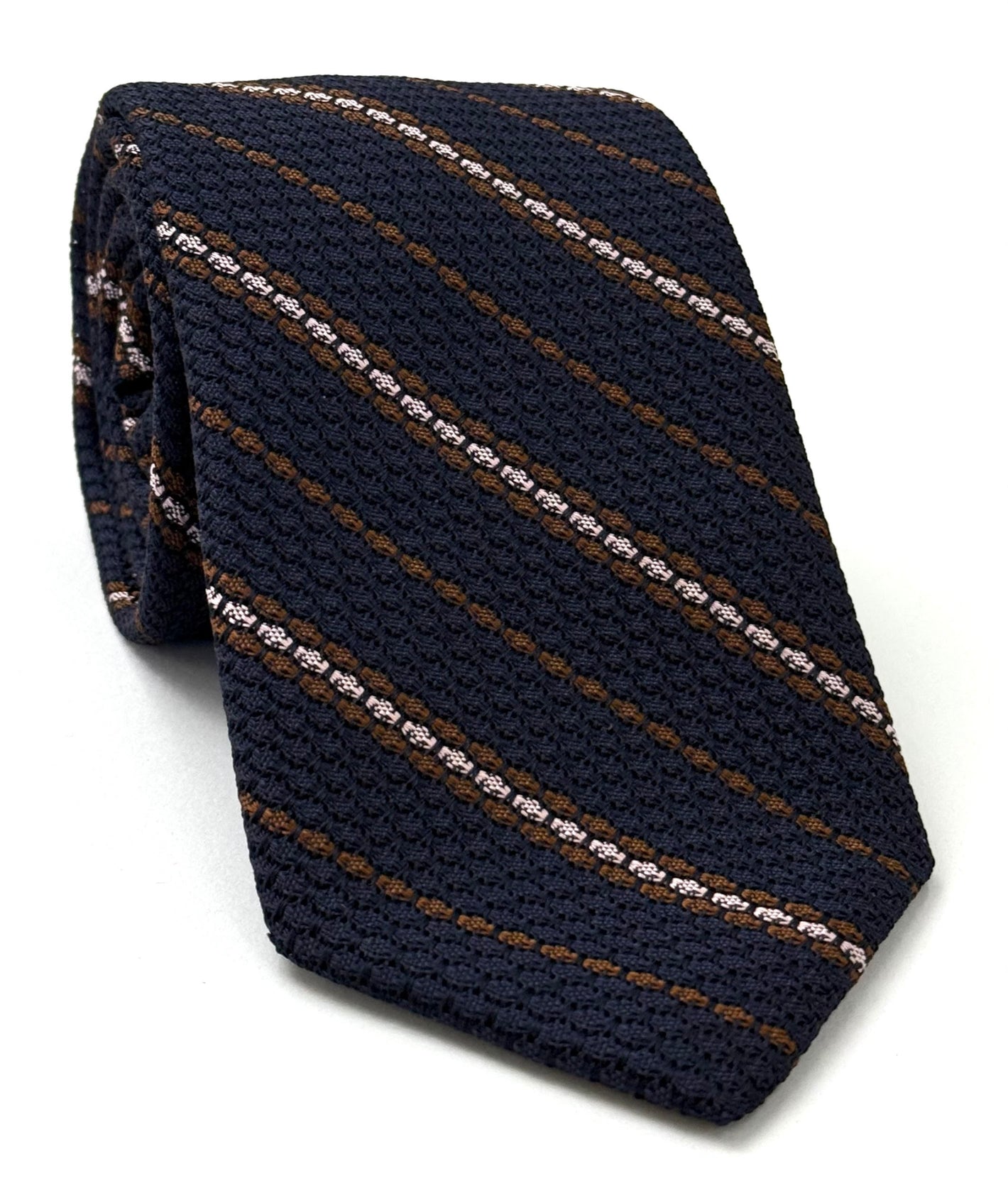 Brown And Light Pink On Midnight Blue Grenadine Grossa Stripe Silk Tie GGST-8
