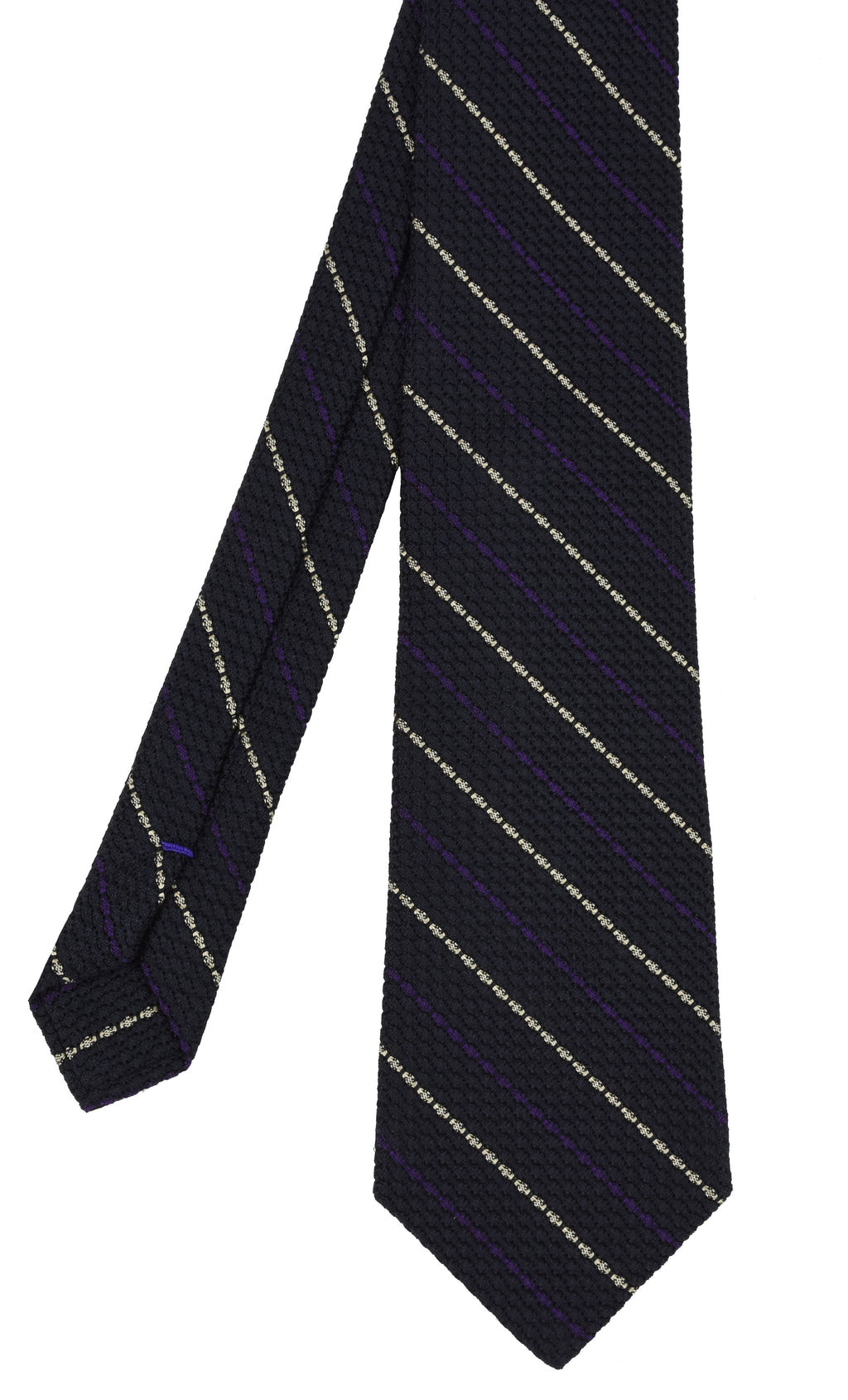 {[en]:Purple And Off White On Midnight Blue Grenadine Grossa Stripe Silk Tie