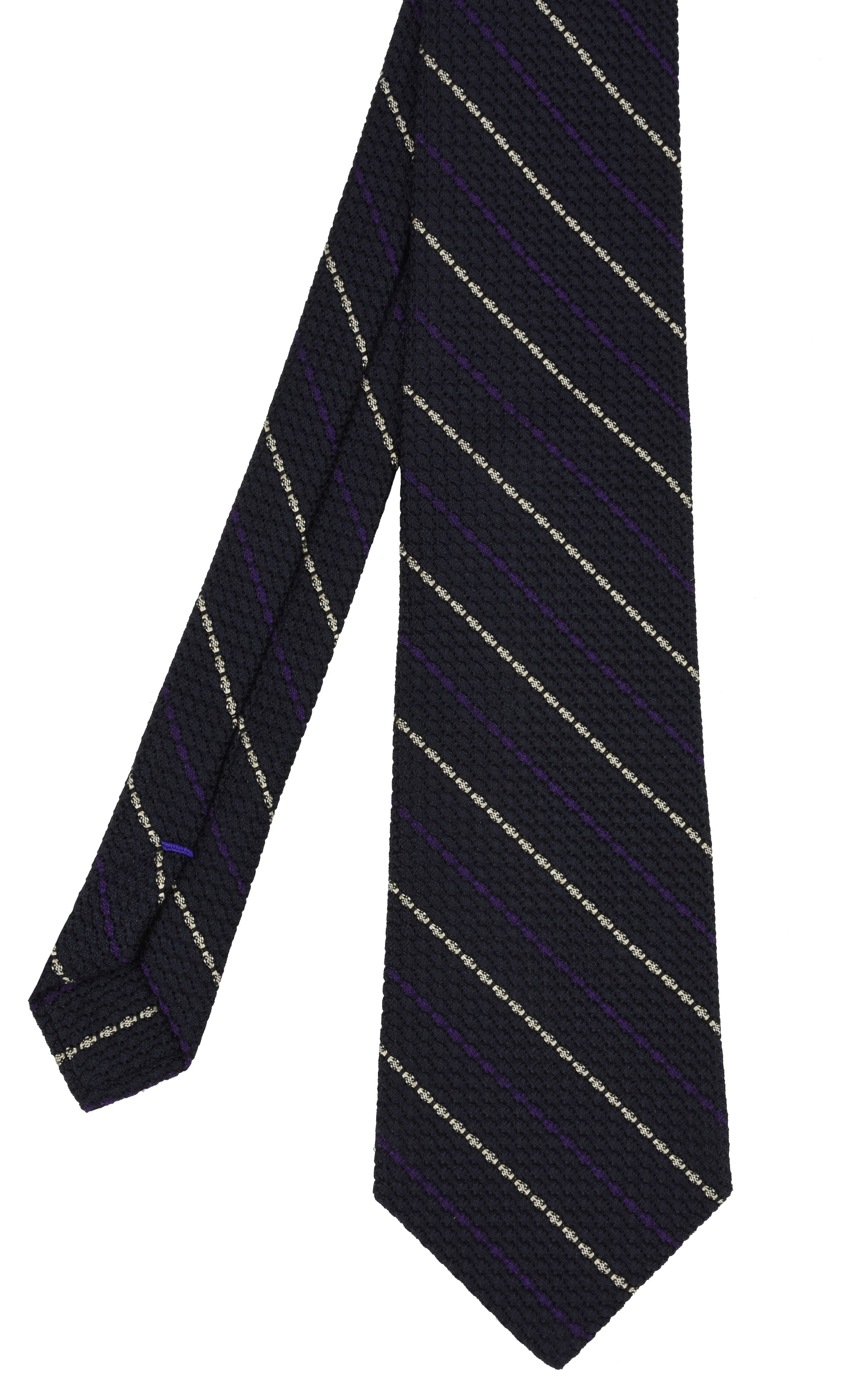 {[en]:Purple And Off White On Midnight Blue Grenadine Grossa Stripe Silk Tie