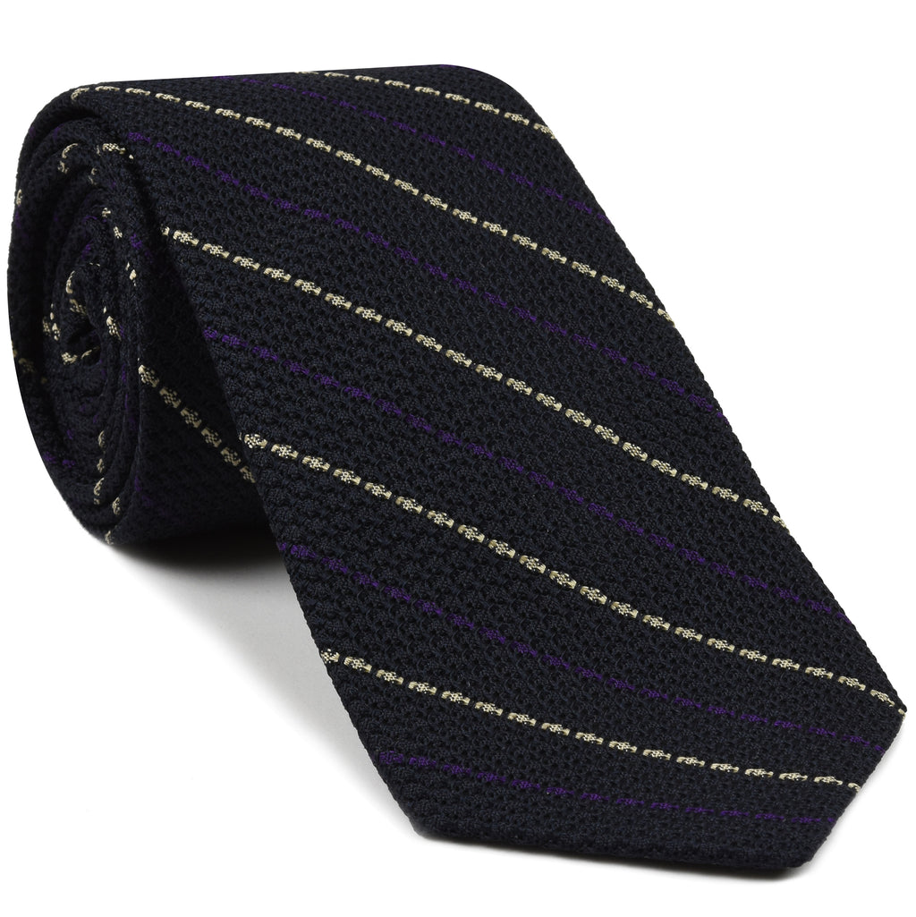 {[en]:Purple And Off White On Midnight Blue Grenadine Grossa Stripe Silk Tie
