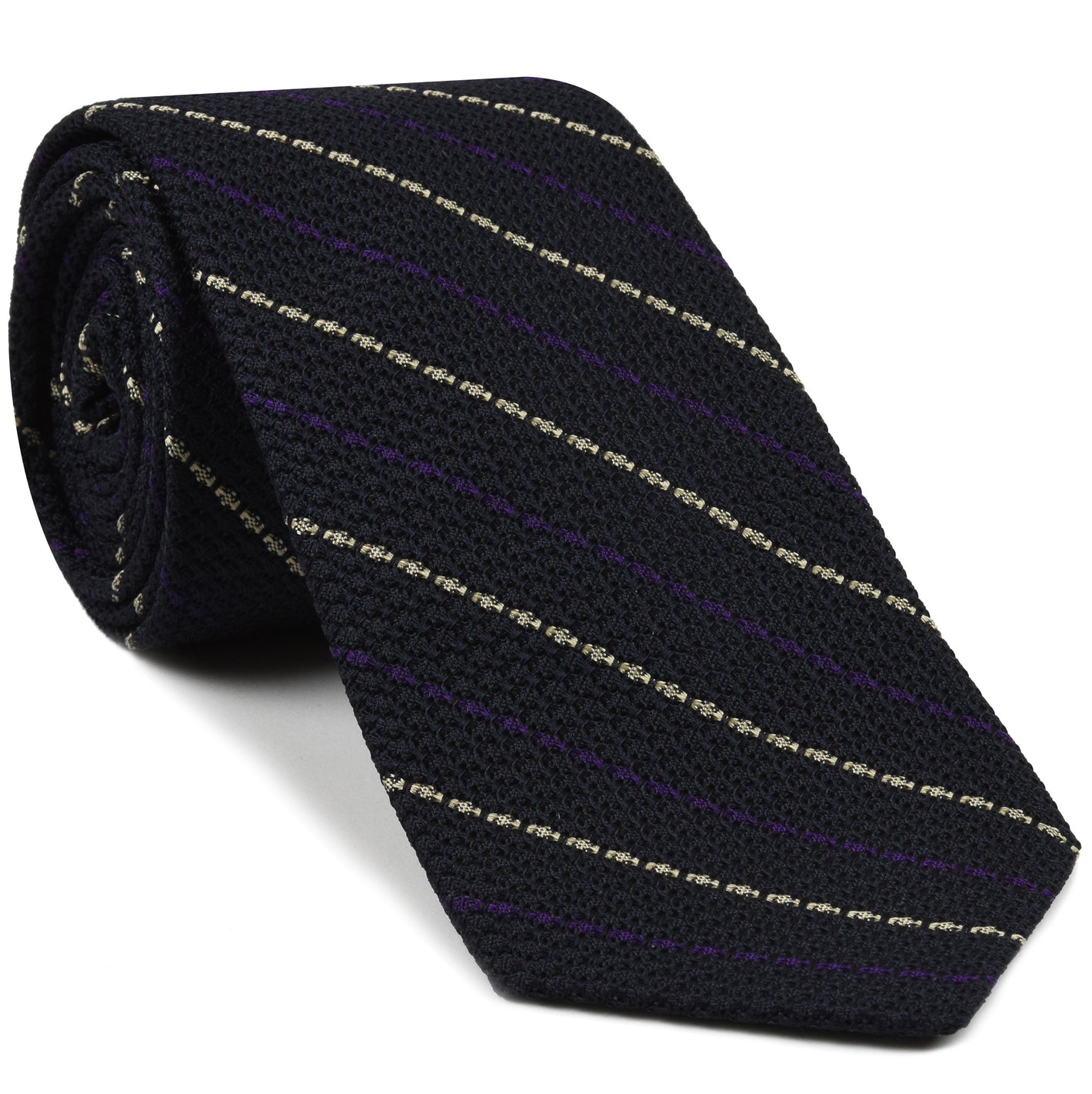 {[en]:Purple And Off White On Midnight Blue Grenadine Grossa Stripe Silk Tie