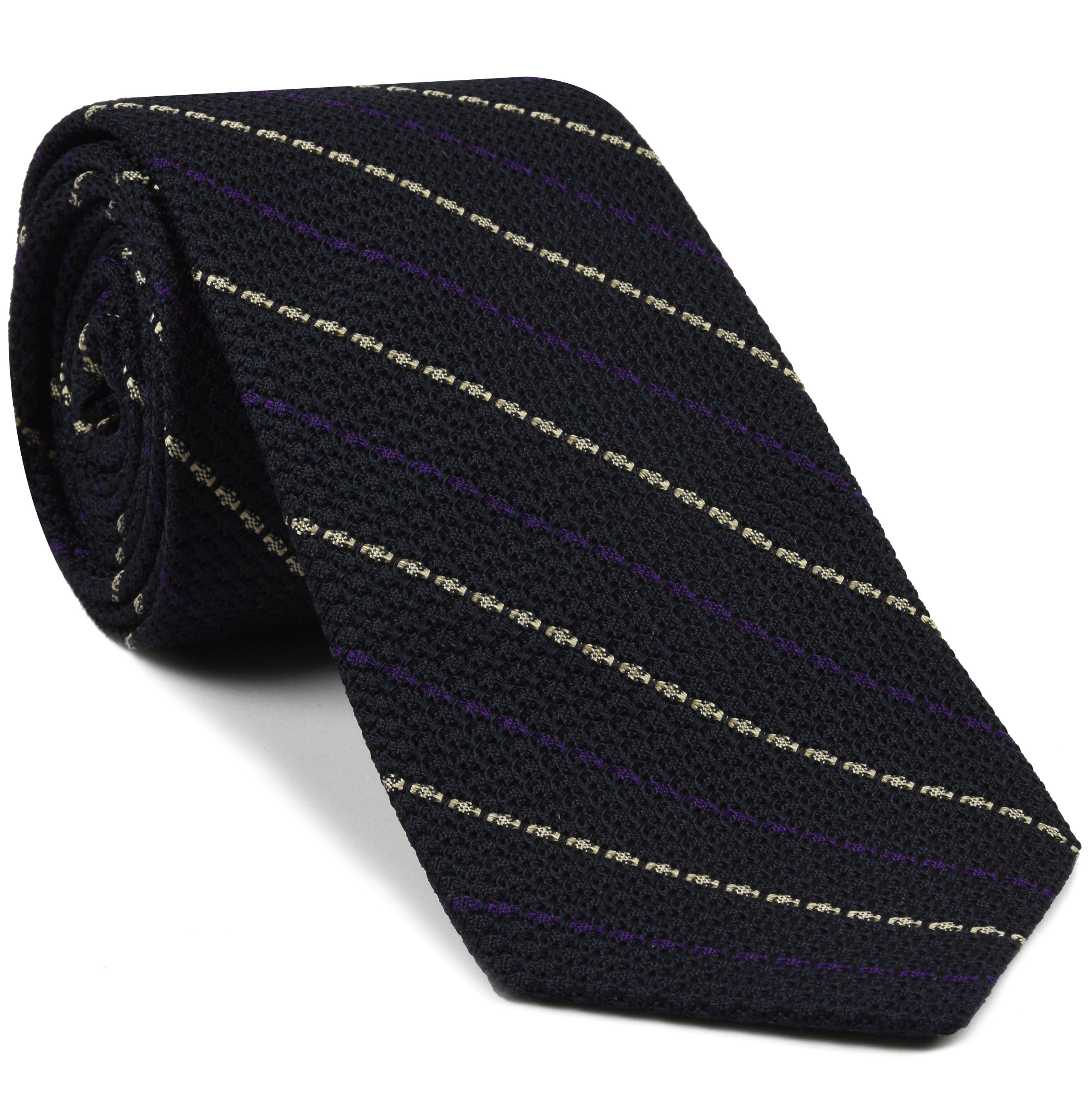 {[en]:Purple And Off White On Midnight Blue Grenadine Grossa Stripe Silk Tie