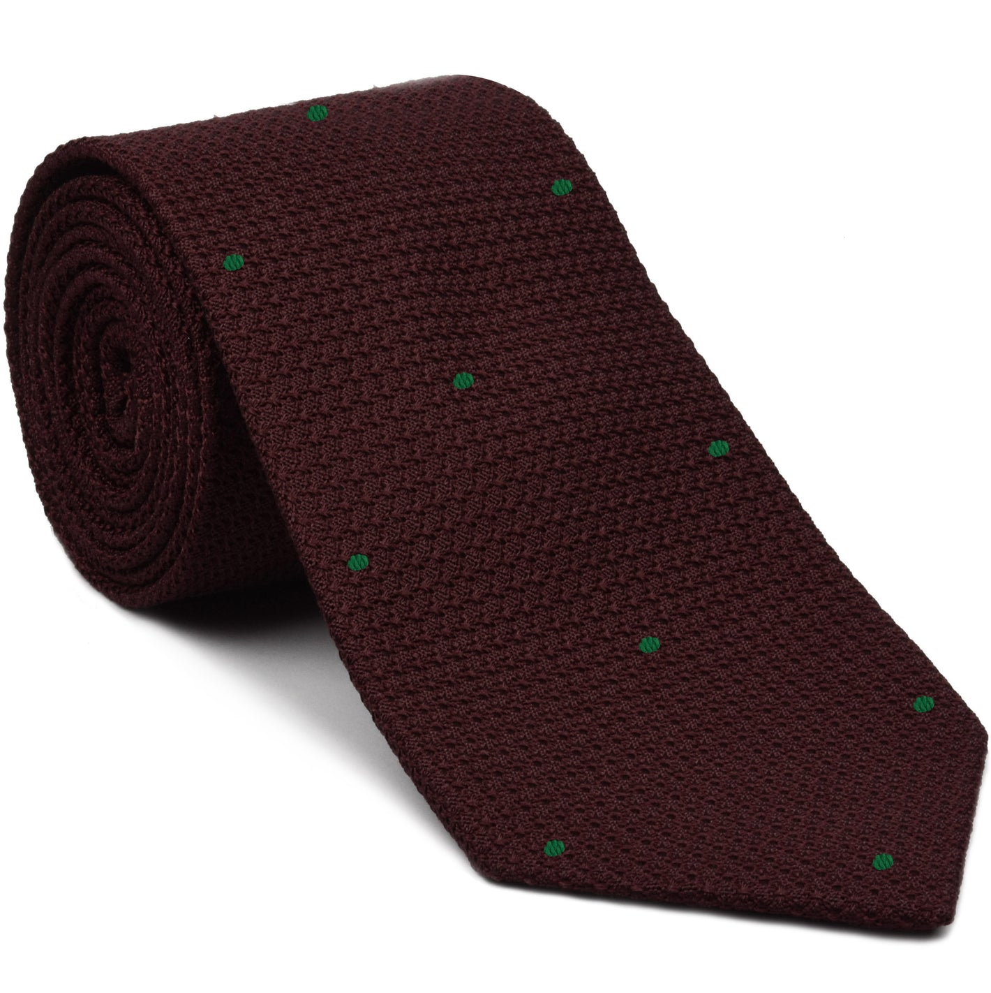 {[en]:Burgundy Grenadine Grossa with Forest Green (Hand Sewn) Pin Dots Silk Tie