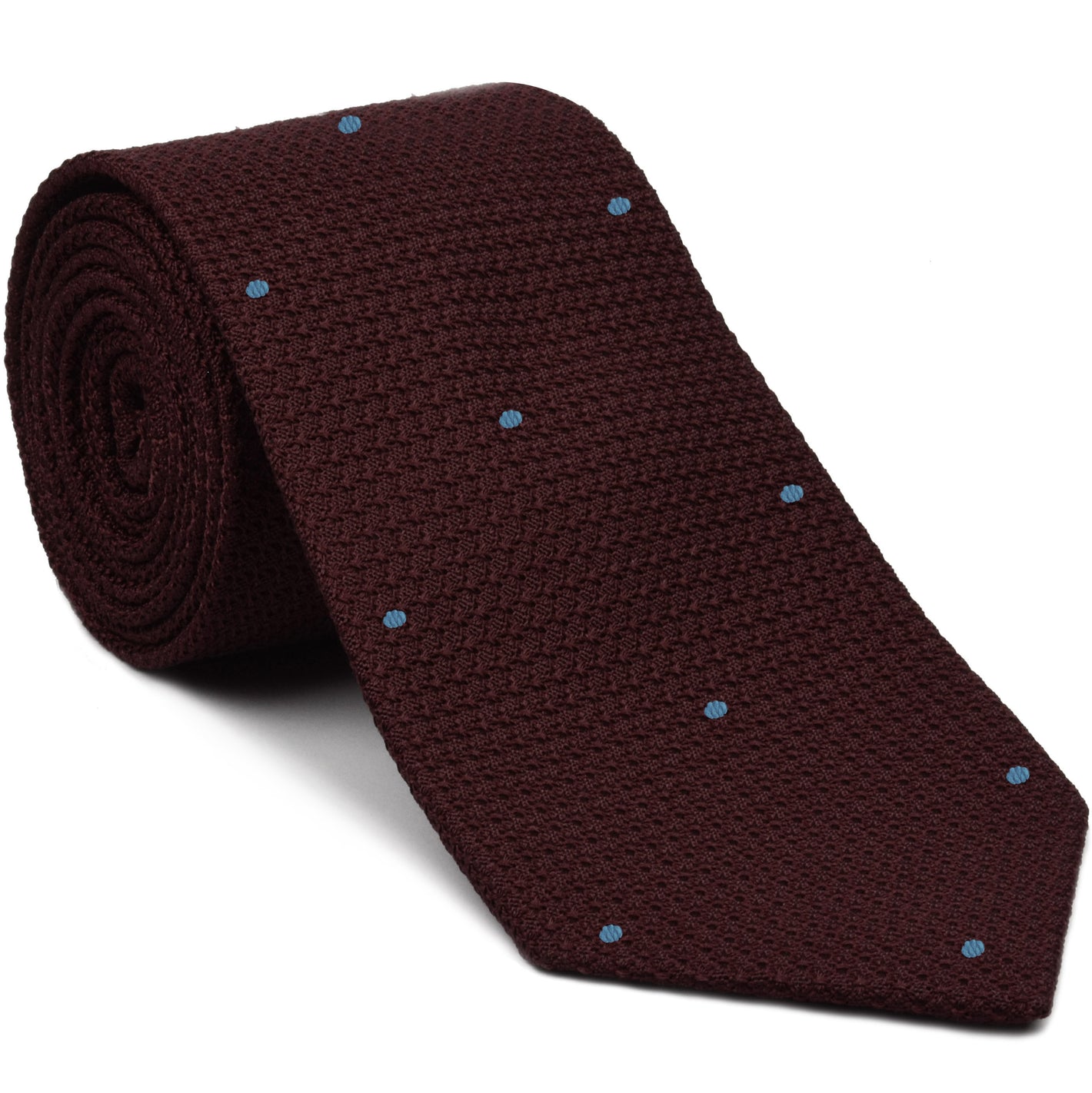{[en]:Burgundy Grenadine Grossa with Sky Blue (Hand Sewn) Pin Dots Silk Tie