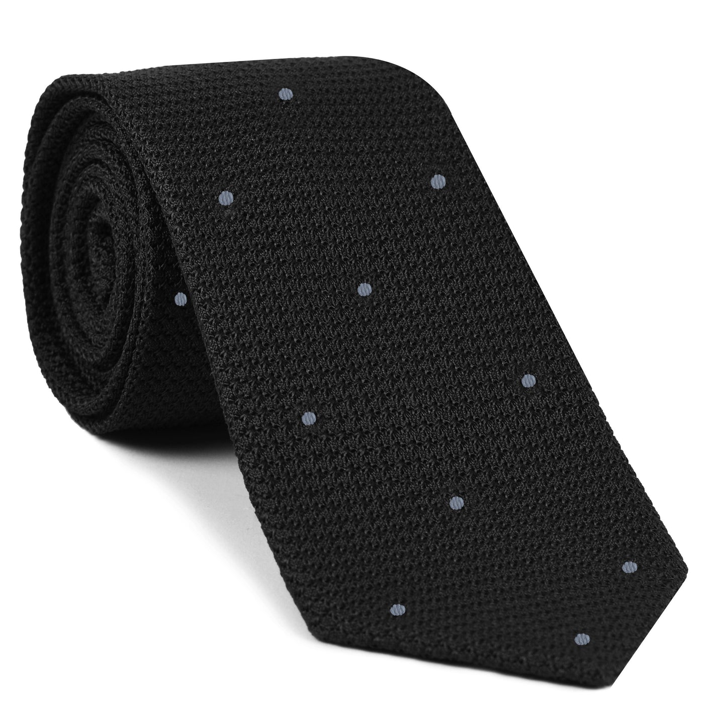 {[en]:Black Grenadine Grossa with Silver Gray (Hand Sewn) Pin Dots Silk Tie