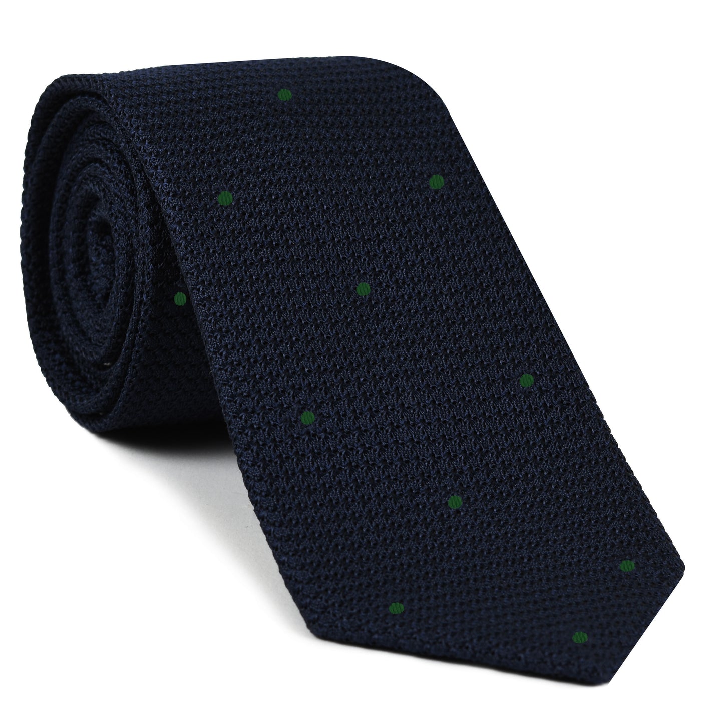 {[en]:Midnight Blue Grenadine Grossa with  Forest Green (Hand Sewn) Pin Dots Silk Tie