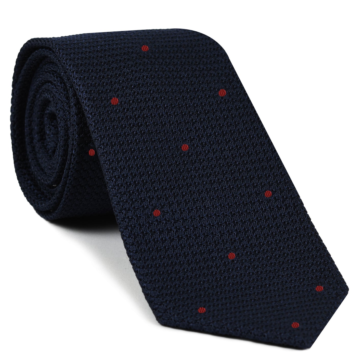 {[en]:Midnight Blue Grenadine Grossa with Red (Hand Sewn) Pin Dots Silk Tie
