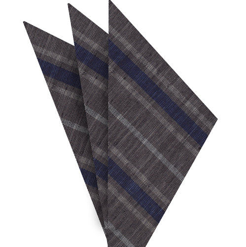 {[en]:Navy Blue & White on Charcoal Gray Striped Linen/Cotton Silk Pocket Square