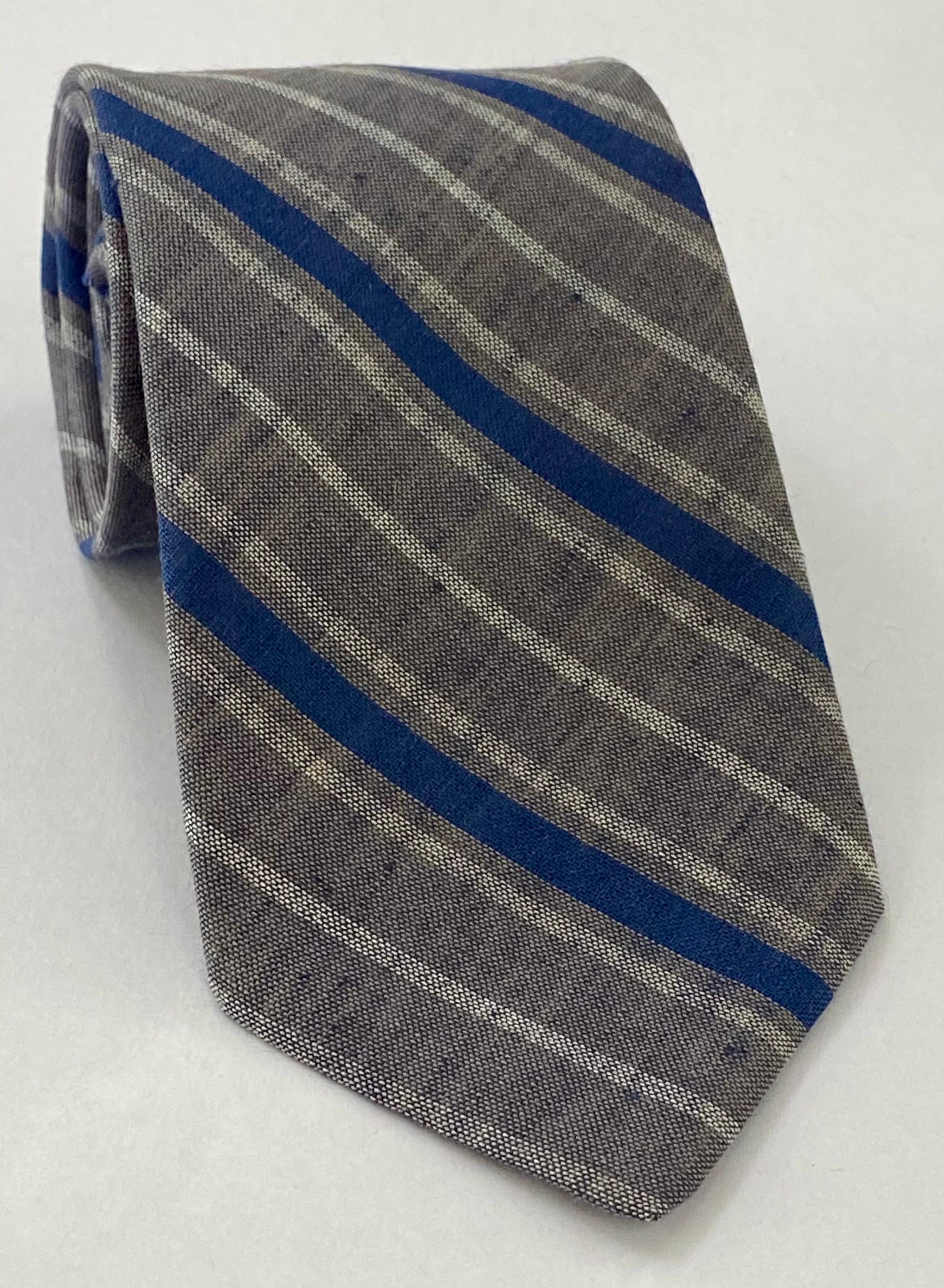Navy Blue & White on Charcoal Gray Striped Linen/Cotton Tie GLCST-1